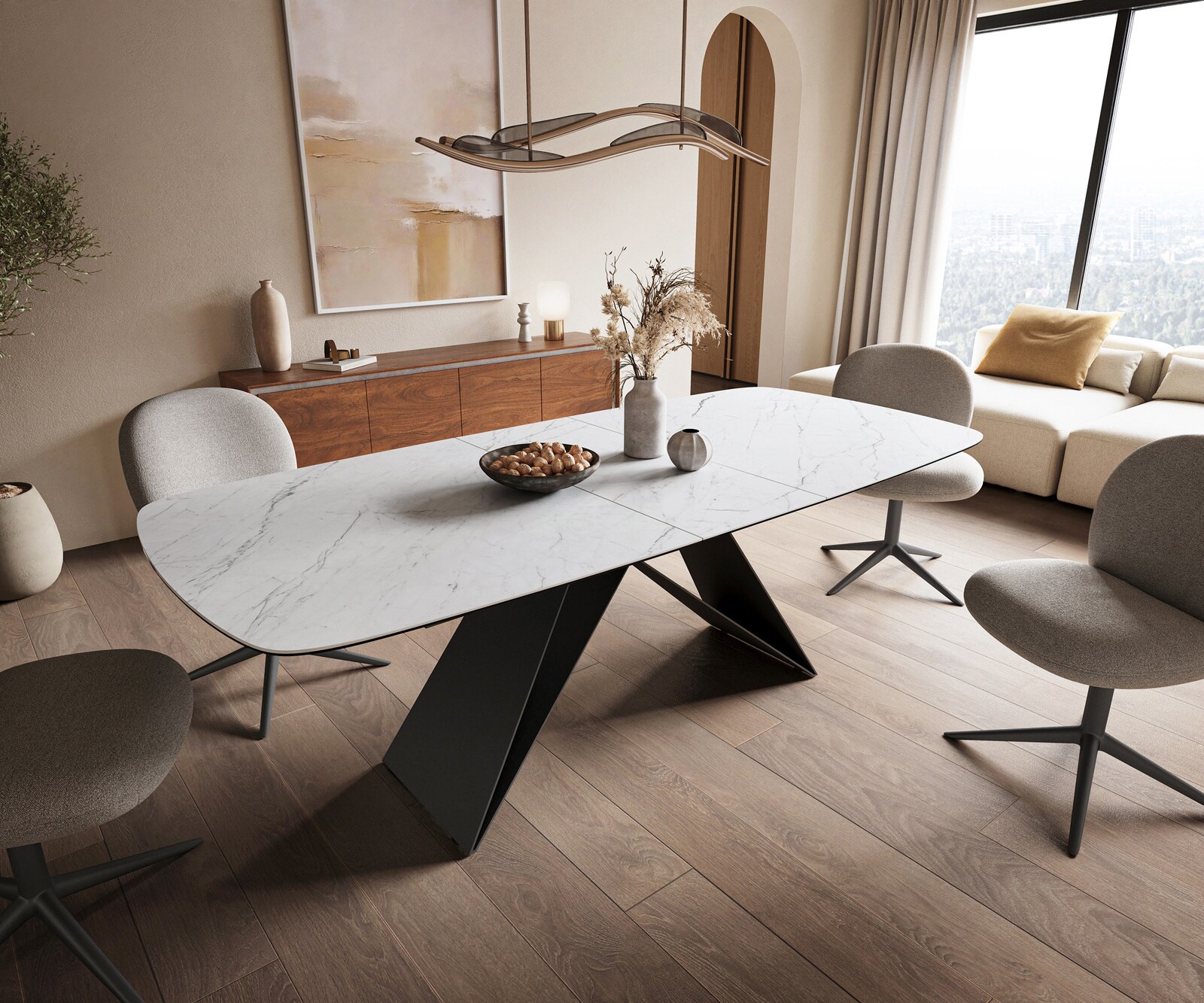 Esstisch Edge Boot 180-220x100 cm Keramik Laminam® Statuarietto Weiß V-Gestell Flachstahl Schwarz ausziehbar 1
