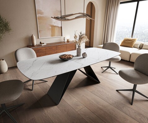 Esstisch Edge Boot 180-220x100 cm Keramik Laminam® Statuarietto Weiß V-Gestell Flachstahl Schwarz ausziehbar