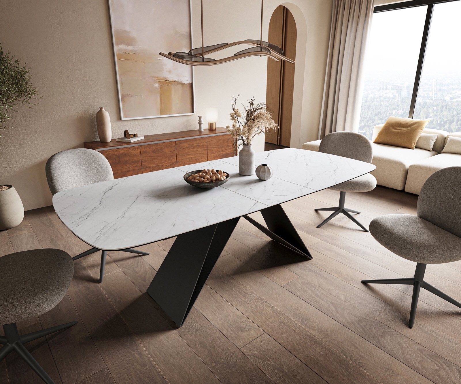 Esstisch Edge Boot 180-220x100 cm Keramik Laminam® Statuarietto Weiß V-Gestell Flachstahl Schwarz ausziehbar