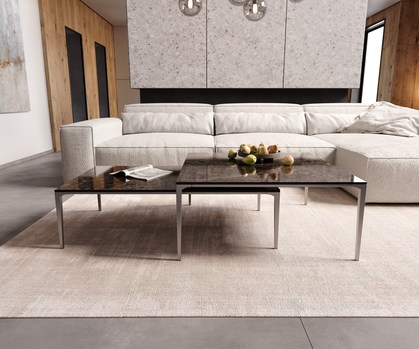 Couchtisch Levente 85x85 cm Keramik Emperador Extra Lucidato Dunkelbraun Gestell Edelstahl Silber 6