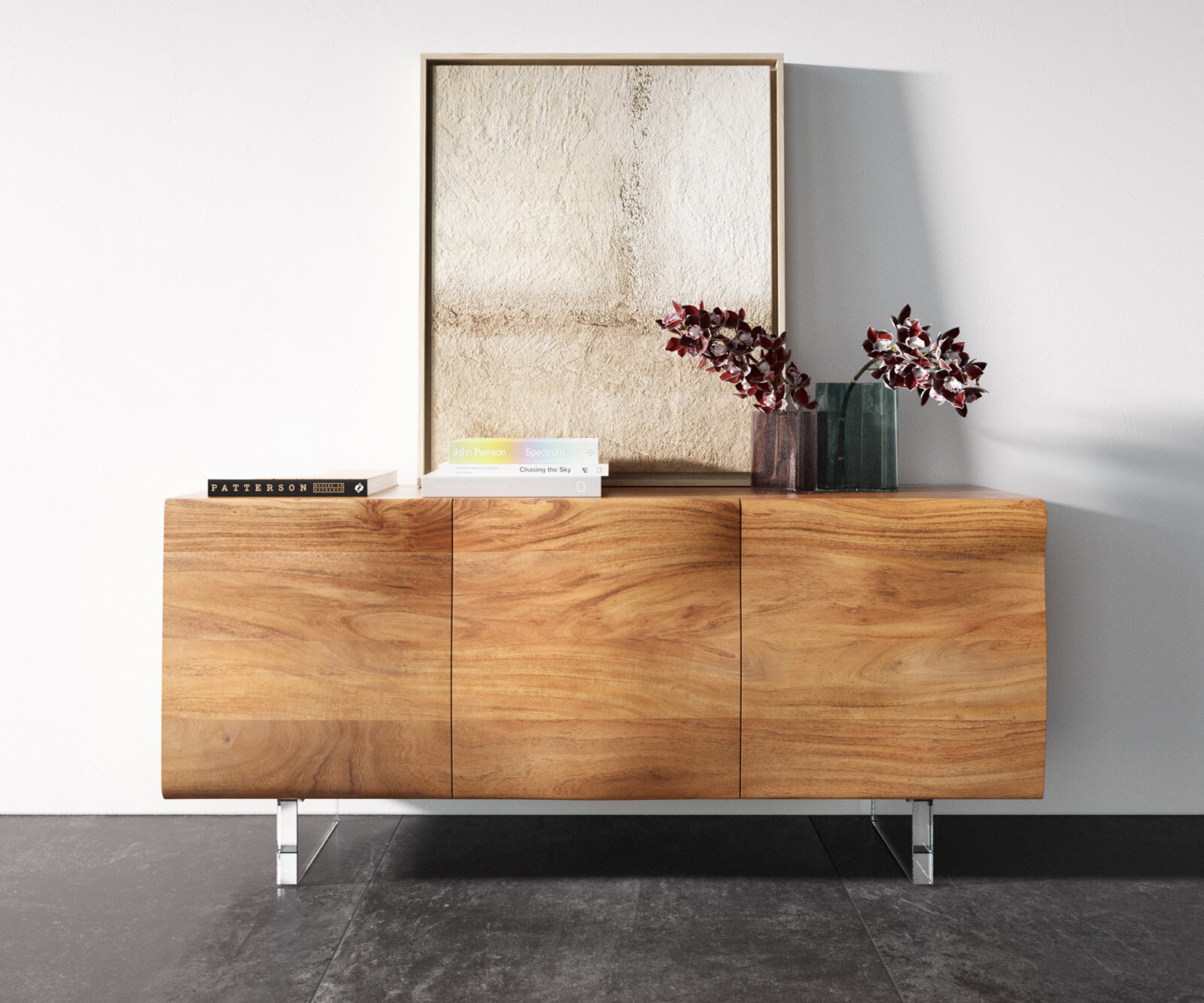 Sideboard New Live-Edge 145 cm Akazie Natur 3 Türen Acrylfuß 4