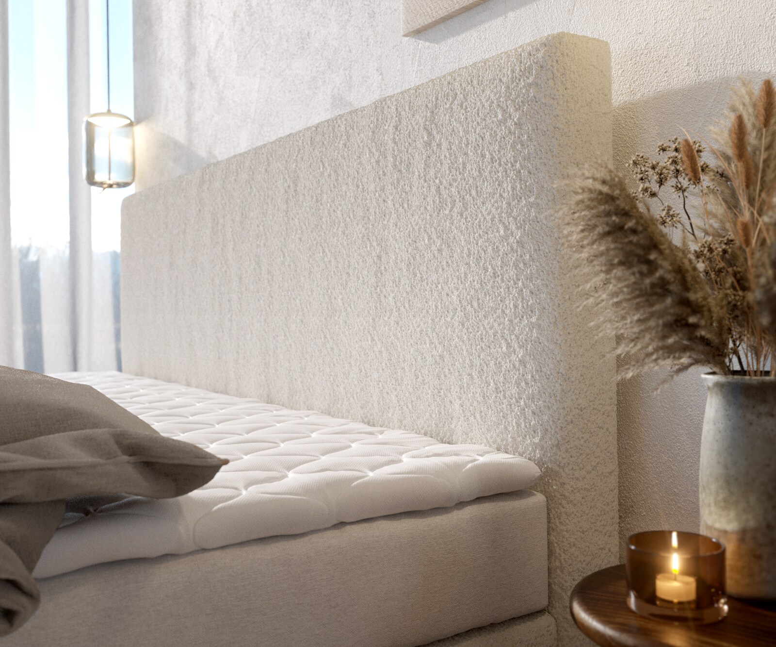 Boxspringbett Dream-Well Bouclé Creme-Weiß 200x200 cm Bonell-Matratze PU-Topper 4