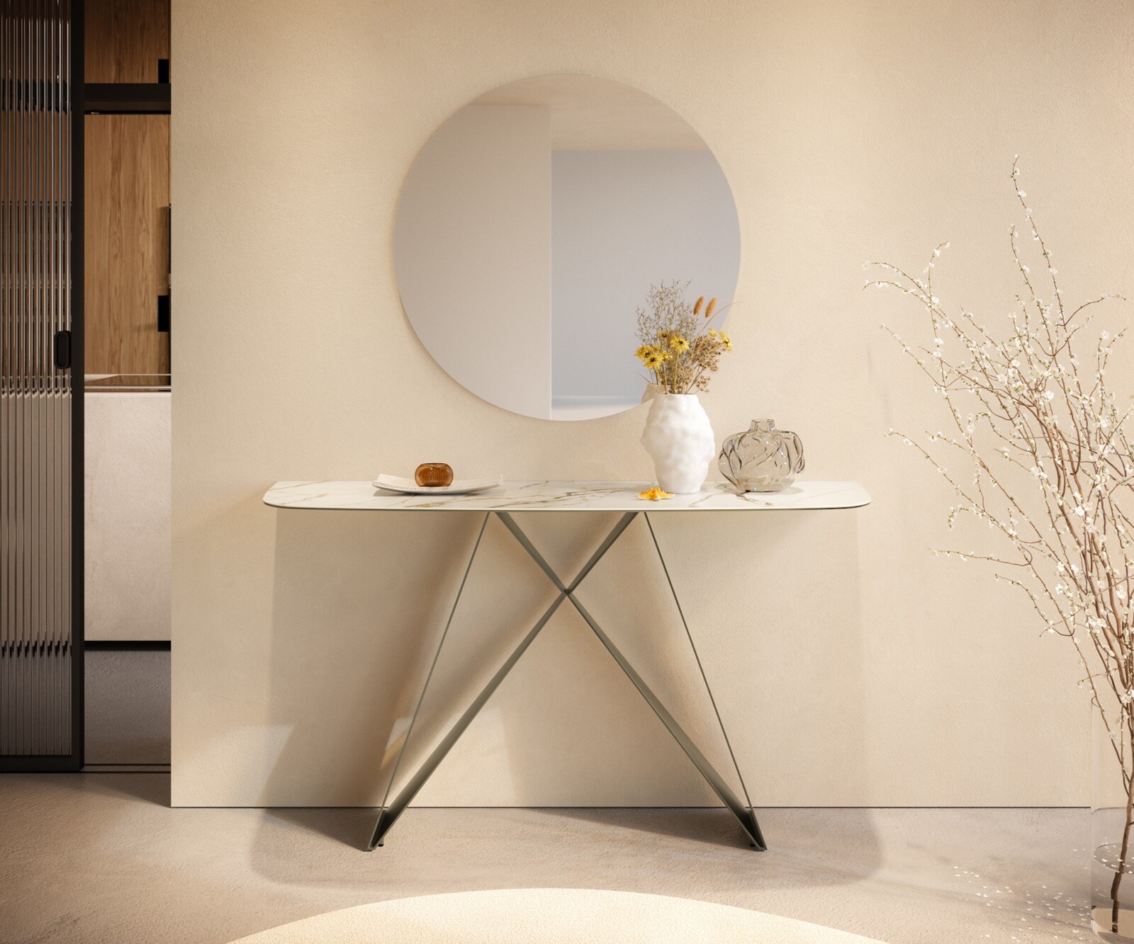 Konsolentisch Edge Boot 140x40 cm Keramik Calacatta Luxe Weiß-Gold-Grau Velio Metall Effektfinish Titan
