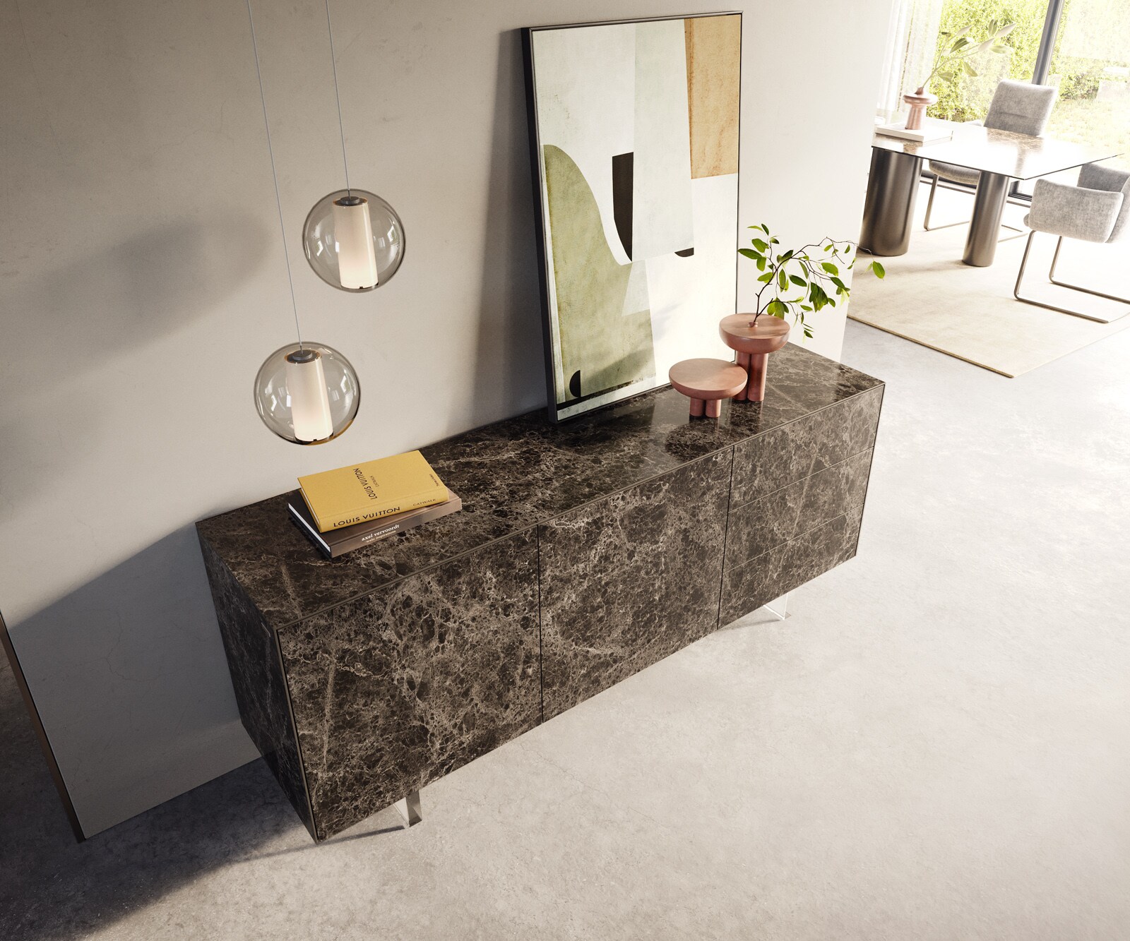 Sideboard Cuor 180 cm Keramik Emperador Extra Lucidato Dunkelbraun 2 Türen 3 Schubfächer Fuß Schwebeoptik Acrylglas 3