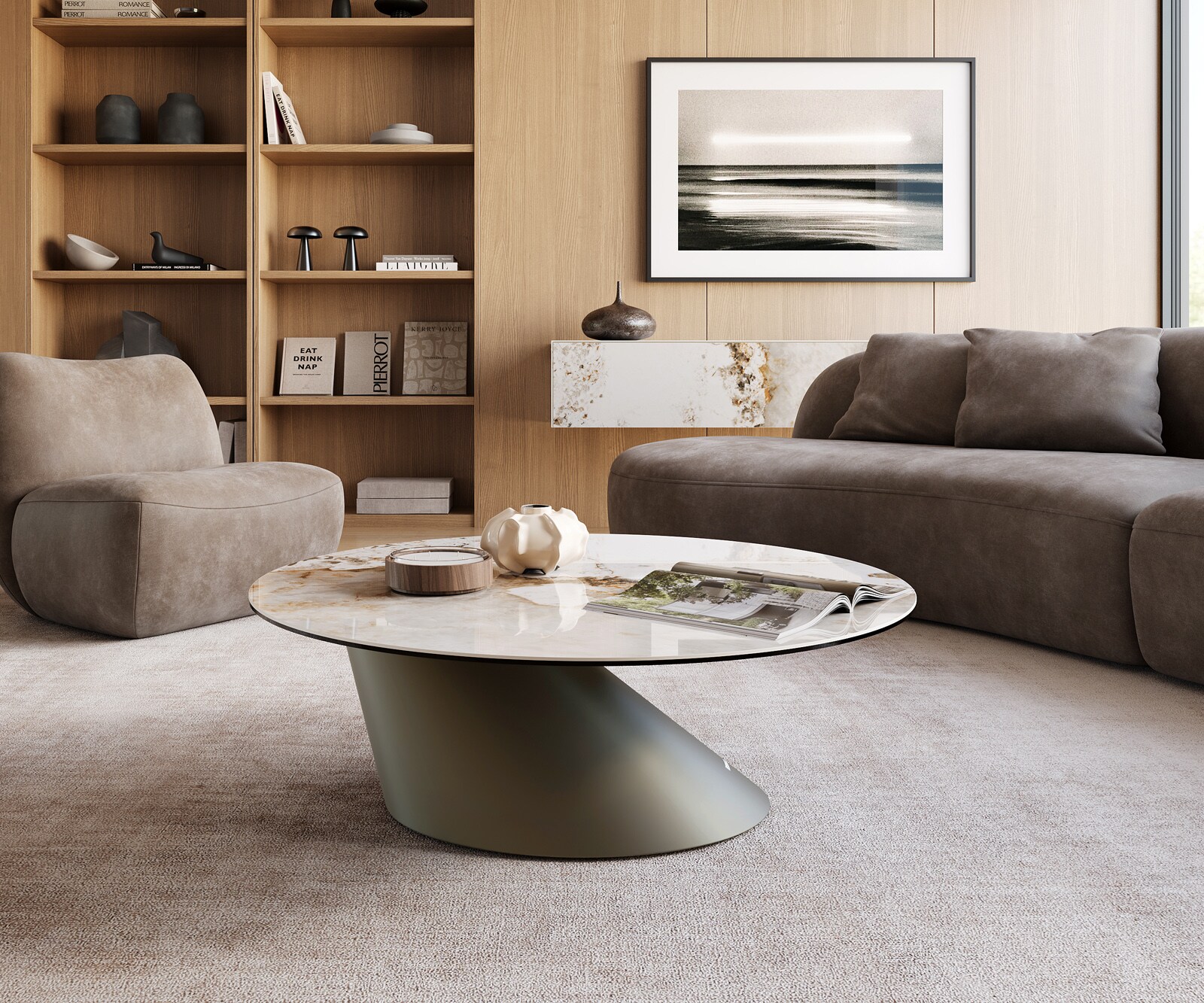Couchtisch Edge Rund 100x100 cm Keramik Minas Melange Conis Metall Effektfinish Titan 1