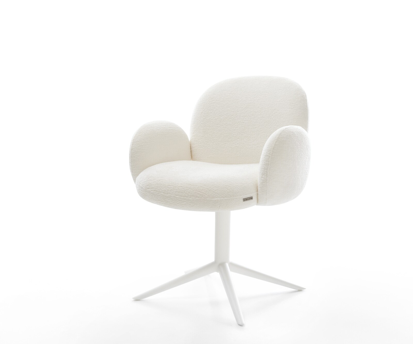 Drehstuhl Nube-Flex mit Armlehnen Bouclé Soft Beige Fußkreuz Weiß 360° drehbar Wippfunktion Taschenfederkern