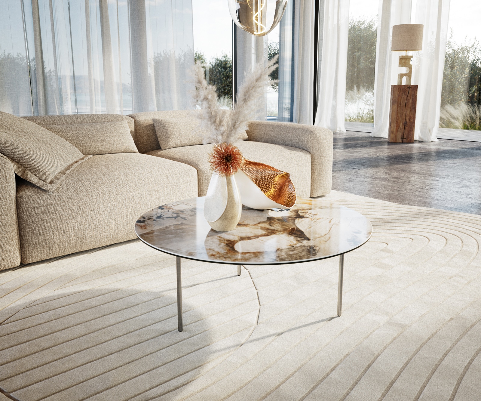 Couchtisch Edge Rund 90x90 cm Keramik Patagonia Poliert Trive Edelstahl gebürstet