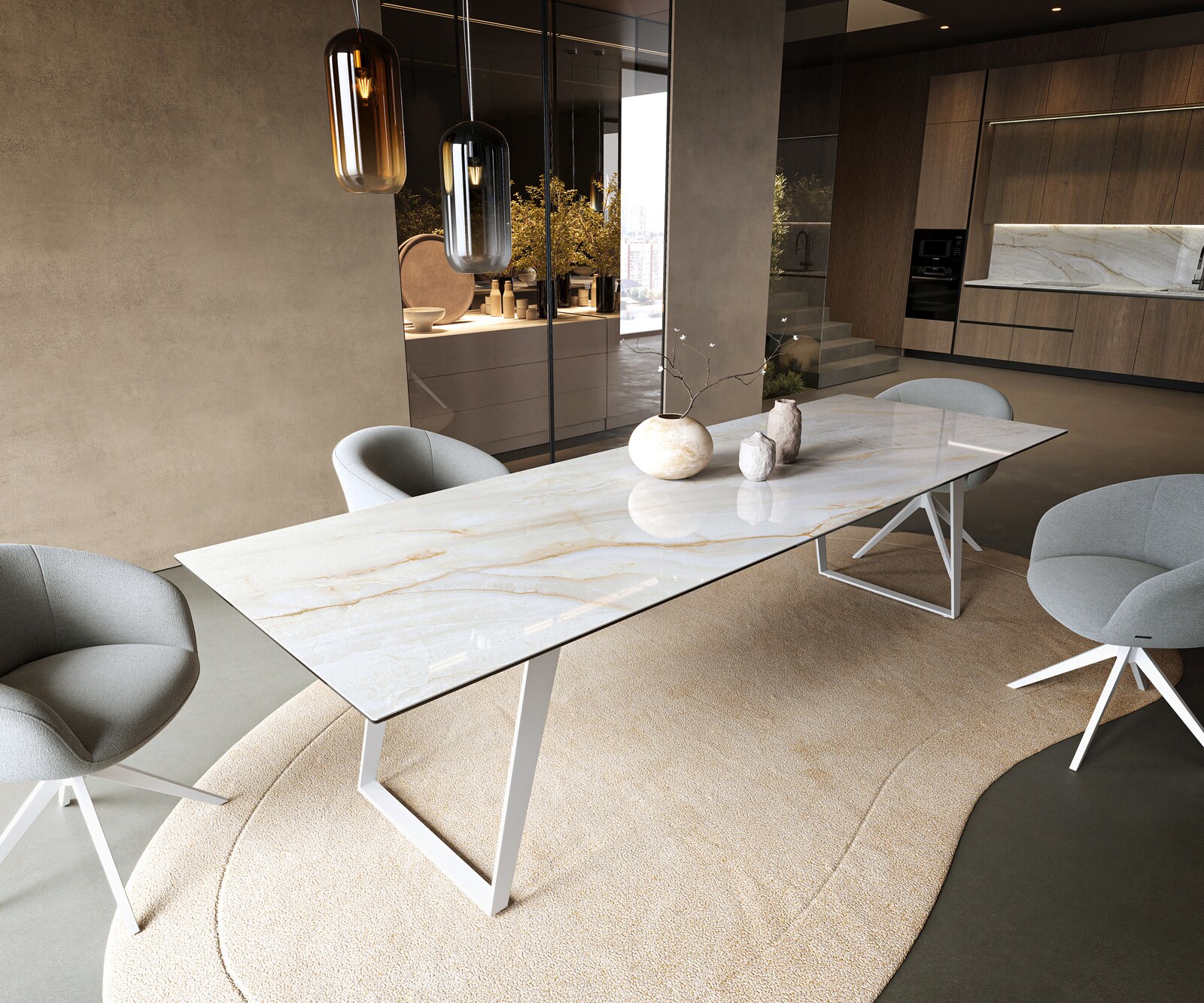 Esstisch Edge 300x100 cm Keramik Onyx Pearl Metall Schräg Weiß 1