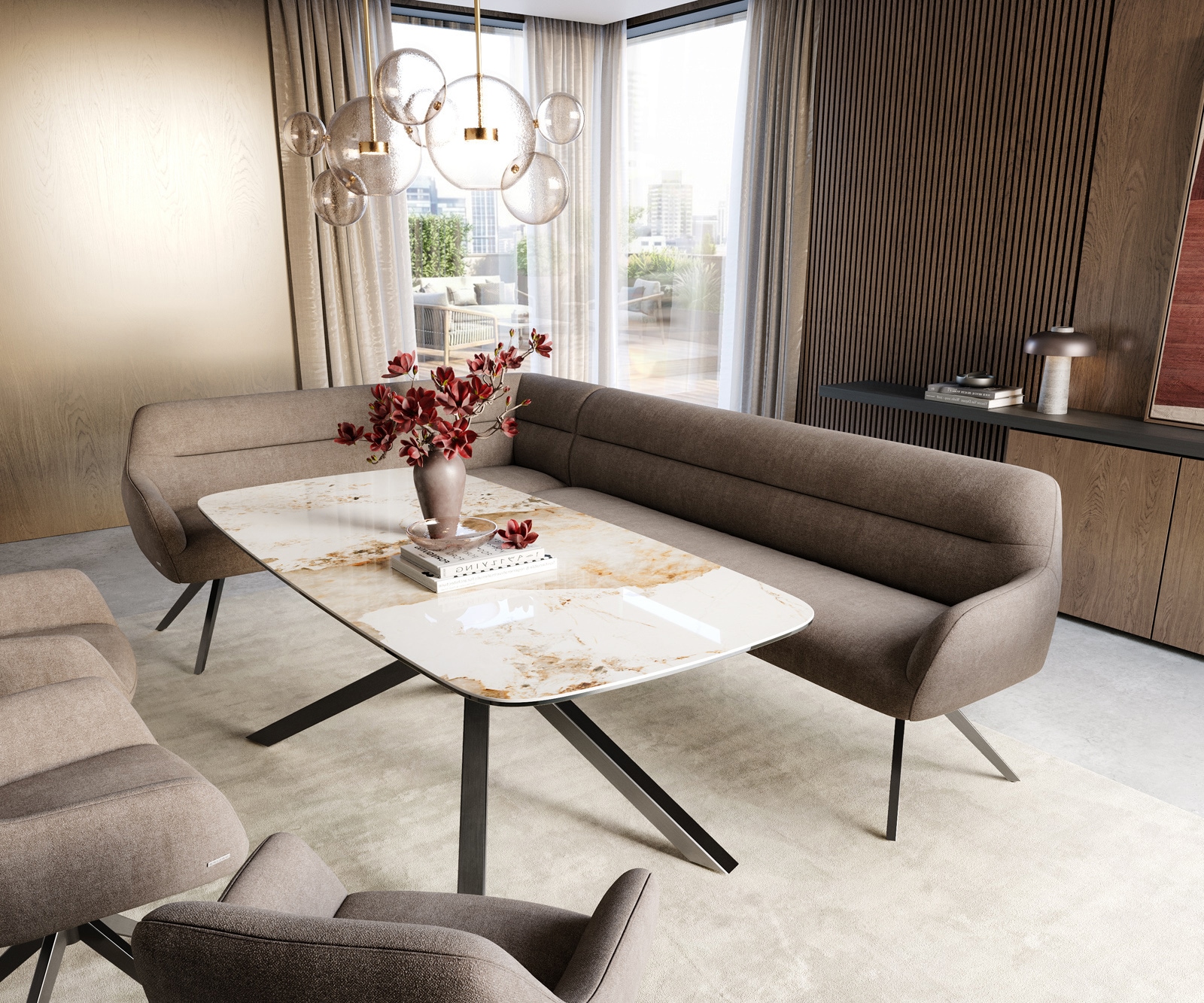 Esszimmerbank Taya-Flex 285x190 cm Strukturstoff Soft Taupe Kreuzgestell kantig Graphit Taschenfederkern Rechts