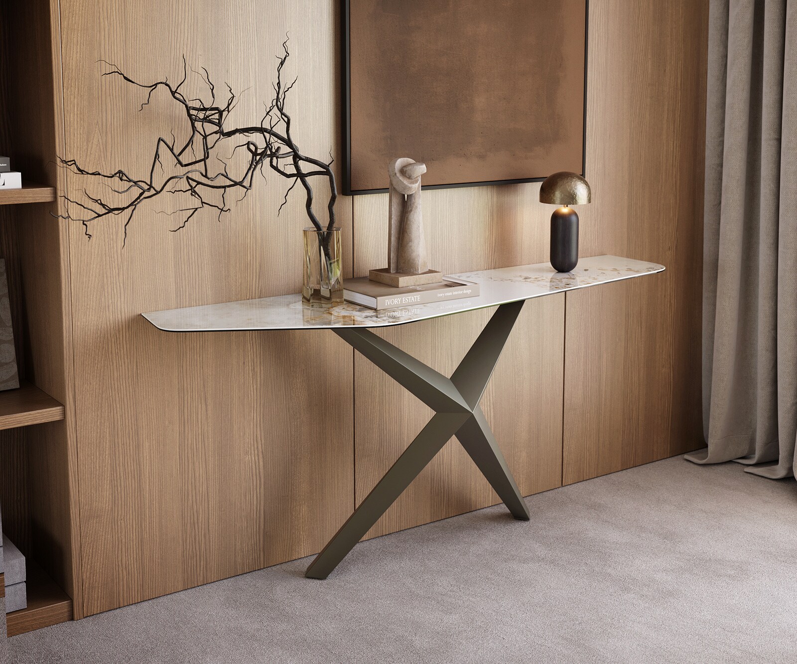Konsolentisch Edge Polygonal 180x50 cm Keramik Minas Melange Weiß-Beige Zentharo Metall Effektfinish Titan
