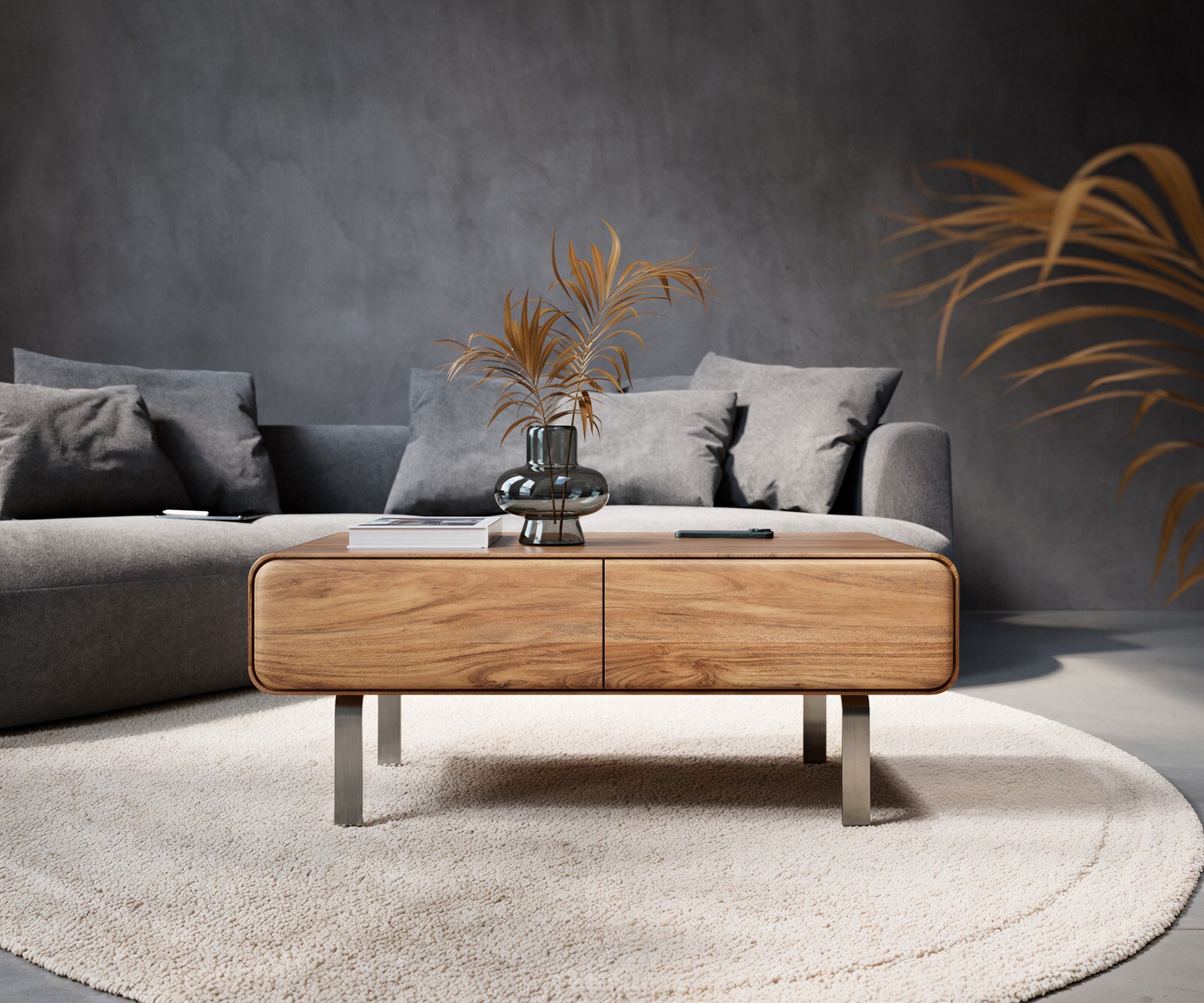 Couchtisch Anaya 100x50 cm Akazie Natur 2 Schubladen L-Fuß Edelstahl 1
