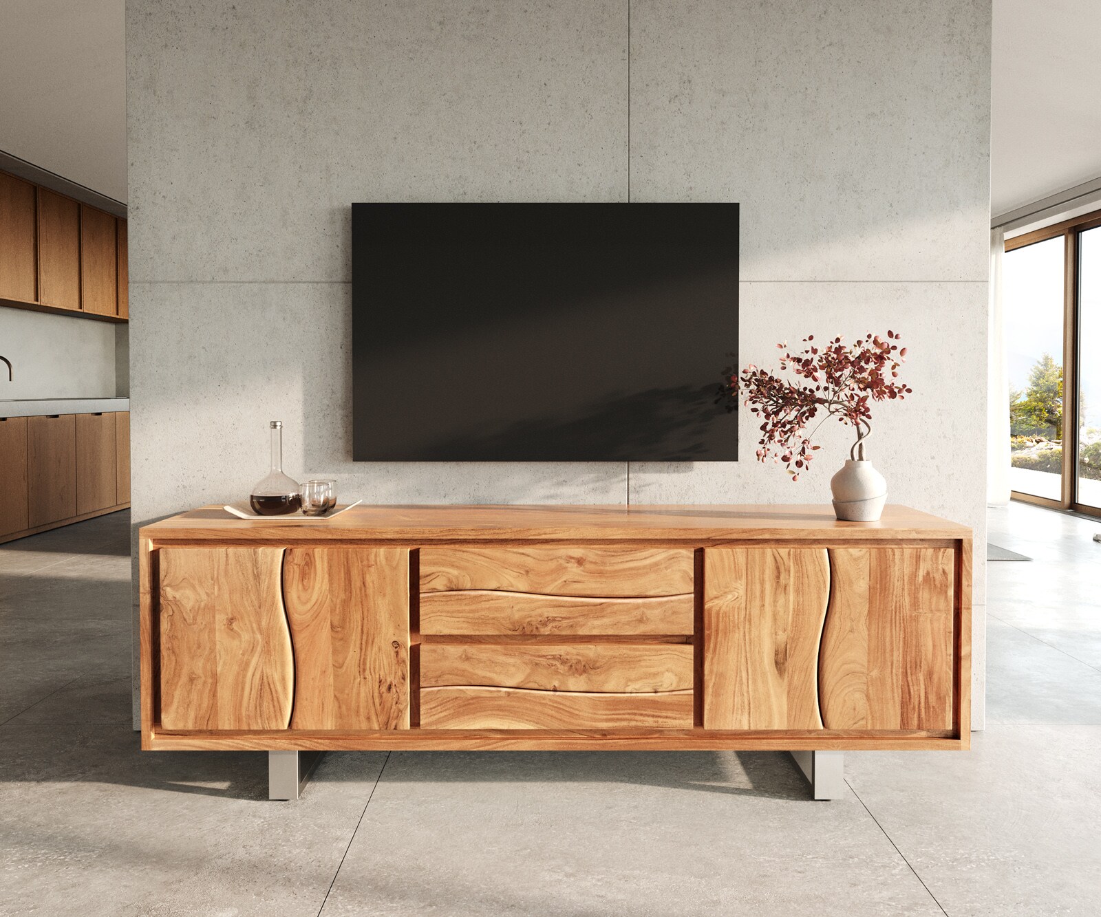 Lowboard Live-Edge 200 cm Akazie Natur 4 Türen 2 Schübe 1