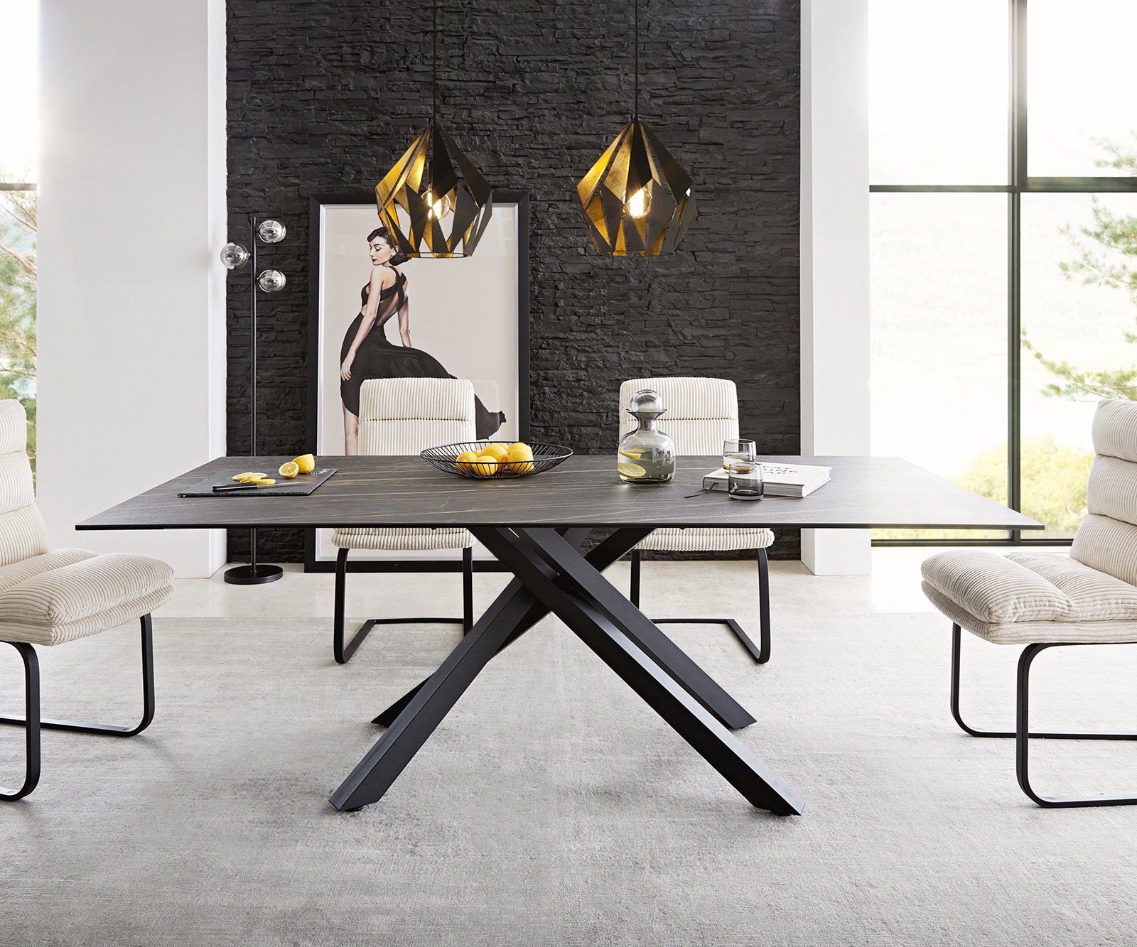 Esstisch Edge 200x100cm Keramik Laminam®Noir Desir Braun Mittelfuß Kreuz Schwarz 9