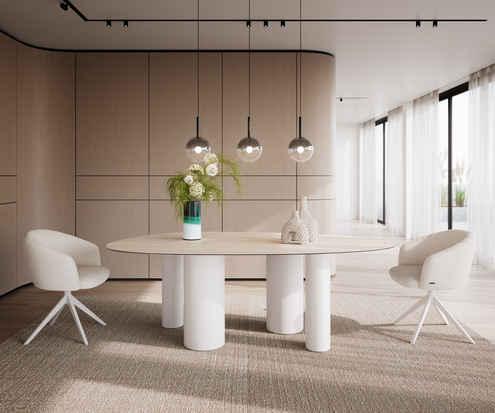 Esstisch Edge Oval 220x120 Keramik Laminam®Travertino Bianco Creme-Weiß ​Pilier Metall Weiß 2
