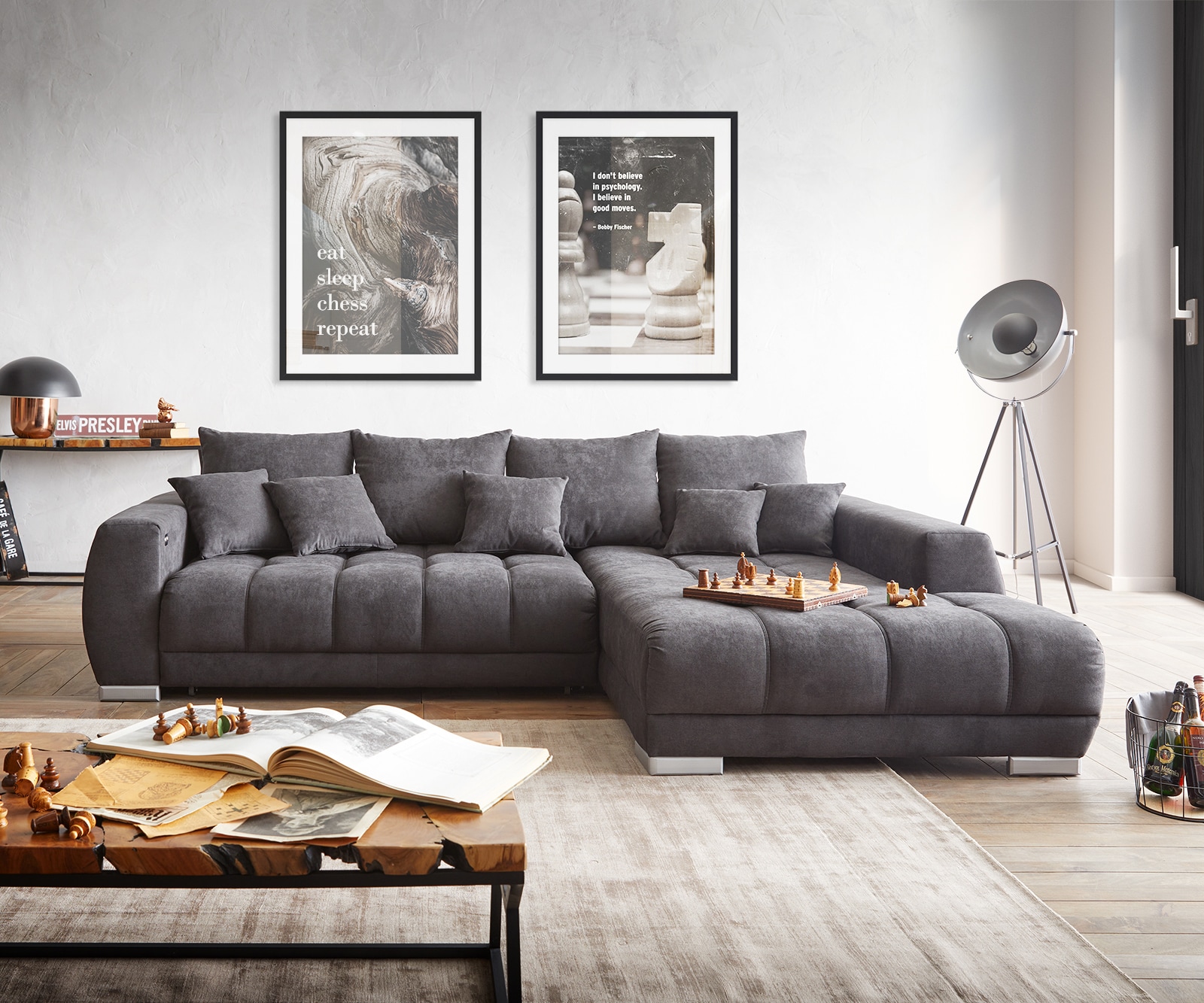 Ecksofa Nabor 300x230 cm Mikrofaser Schwarz Recamiere rechts inkl. elektrischer Vorziehfunktion Ecksofa Nabor 300x230 cm Mikrofaser Schwarz Recamiere rechts inkl. elektrischer Vorziehfunktion