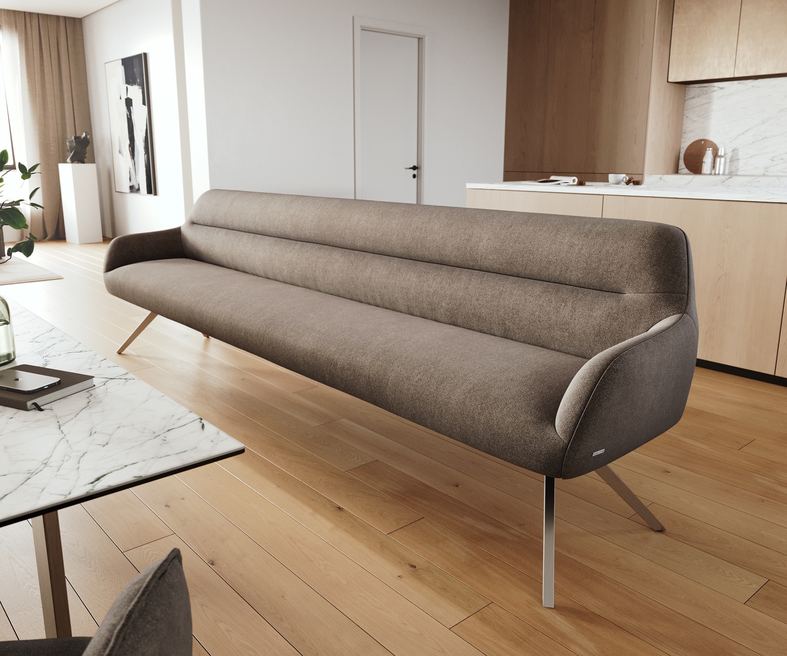 Sitzbank Taya-Flex 300 cm Kreuzgestell kantig Edelstahl Strukturstoff Soft Taupe Taschenfederkern Esszimmerbank