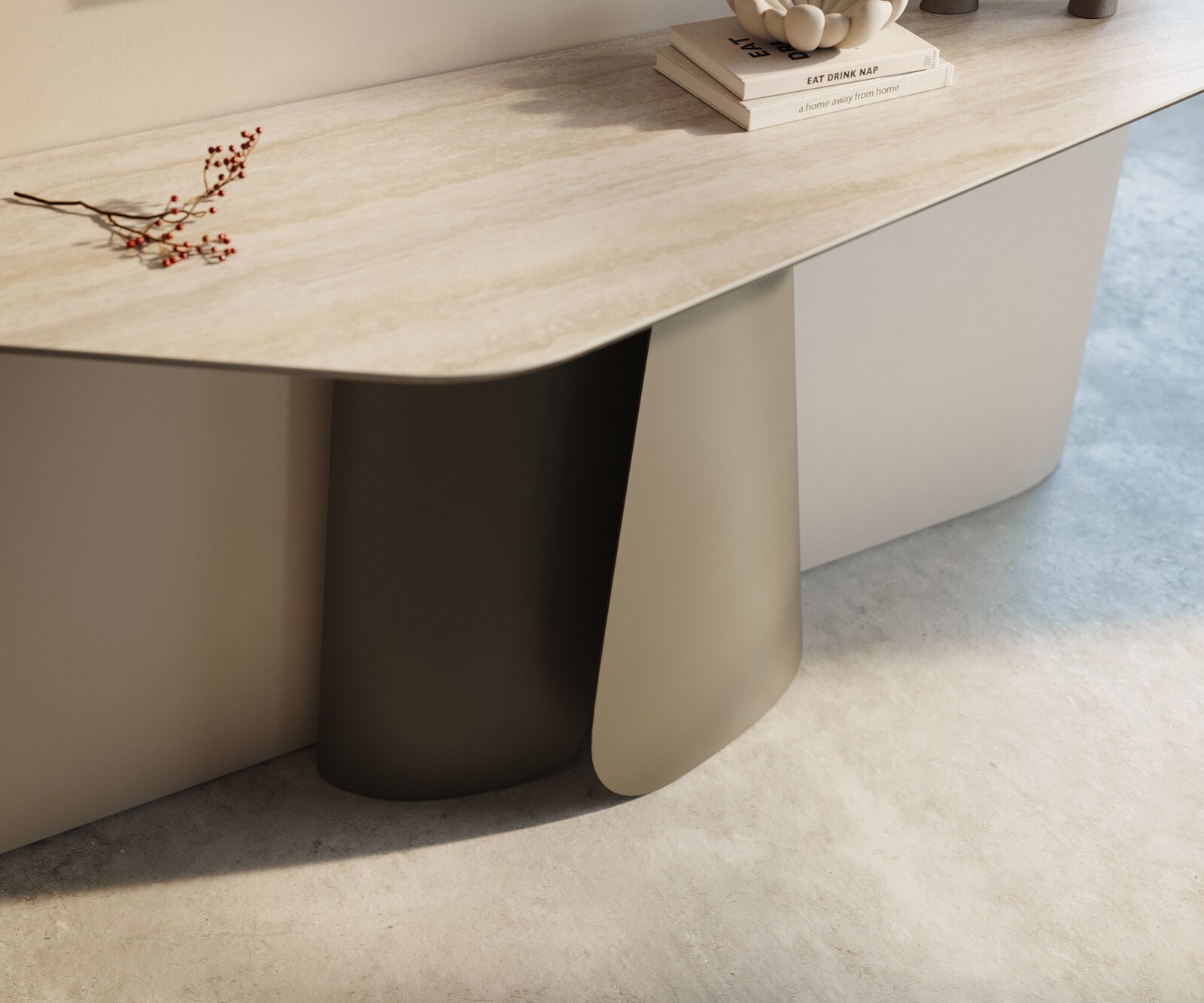 Konsolentisch Edge Polygonal 140x50 cm Keramik Laminam® Travertino Bianco Creme-Weiß Livos Metall Effektfinish Titan 5