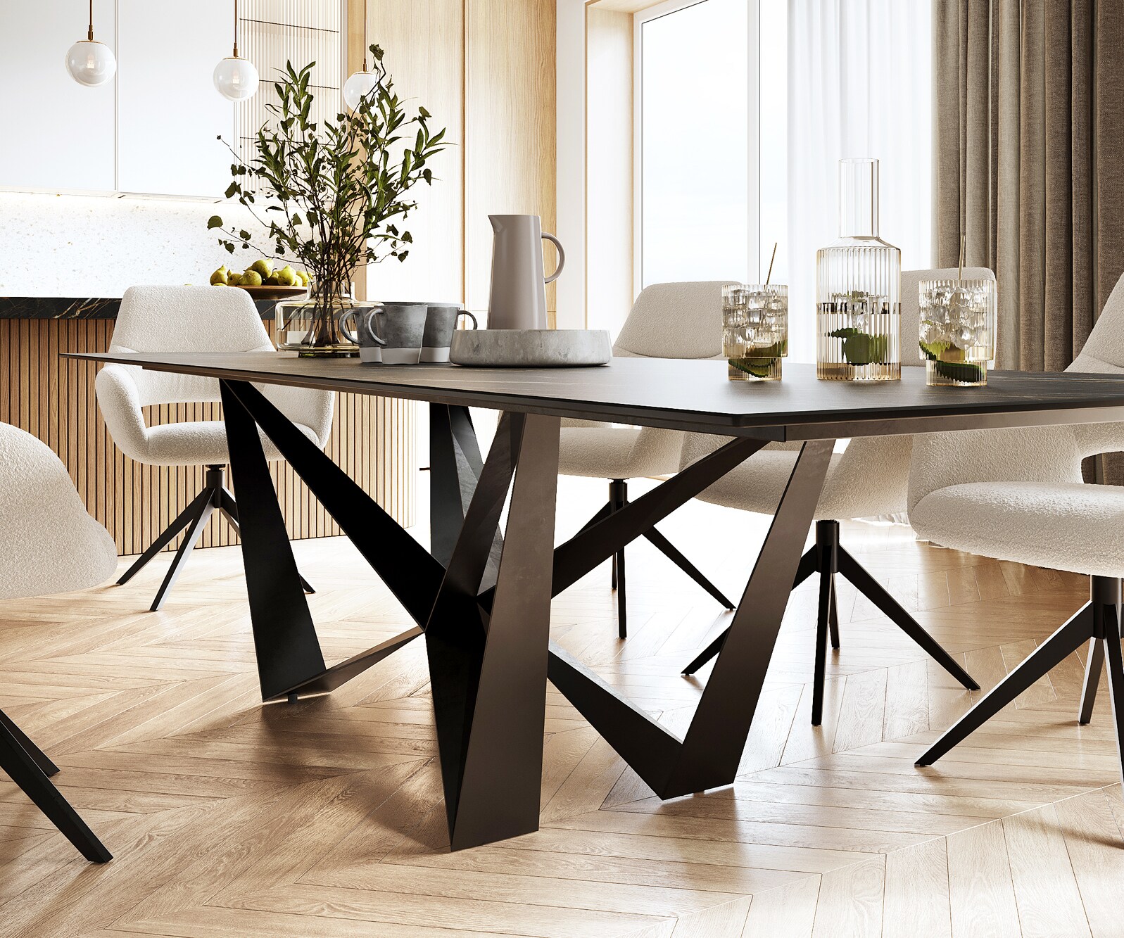 Esstisch Edge 300x100cm Keramik Laminam®Noir Desir Braun Mittelfuß Flachstahl Schwarz 4