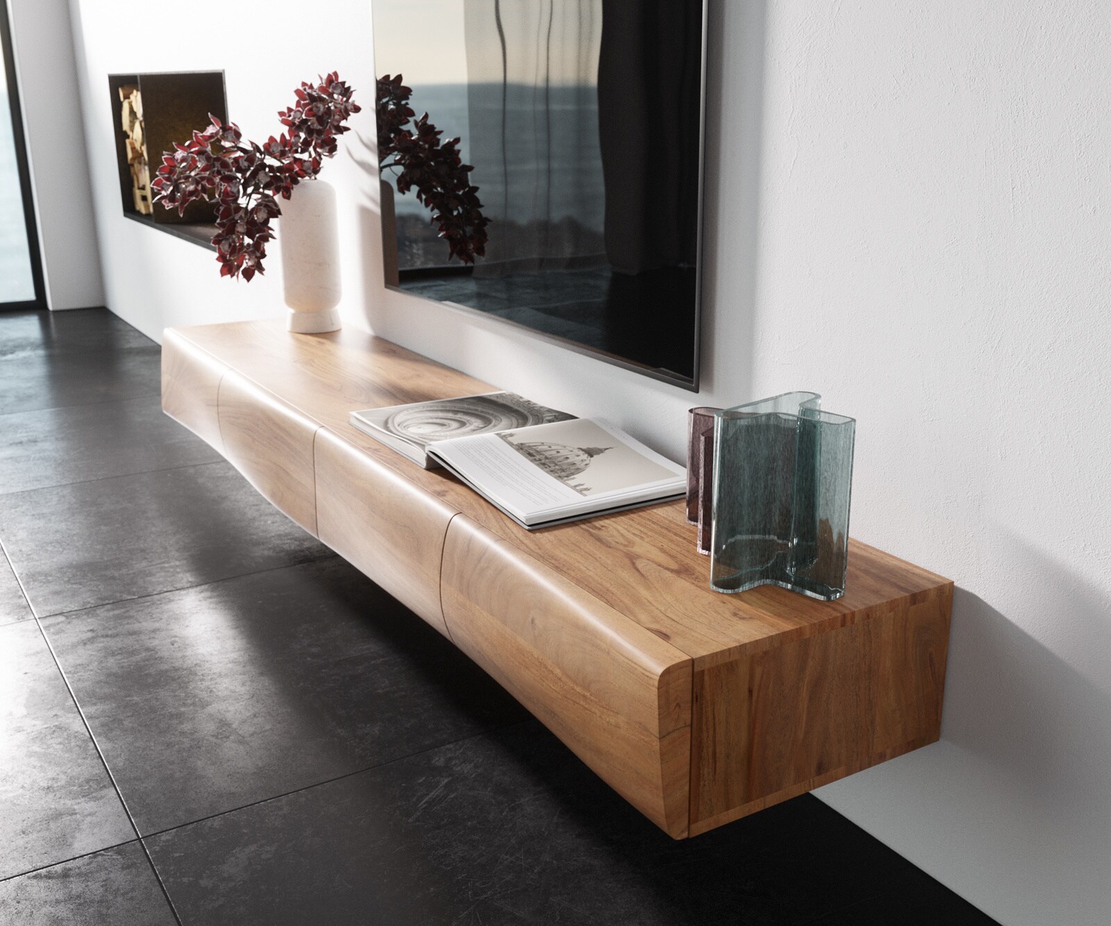 Lowboard New Live-Edge 200 cm Akazie Natur 4 Türen schwebend 1