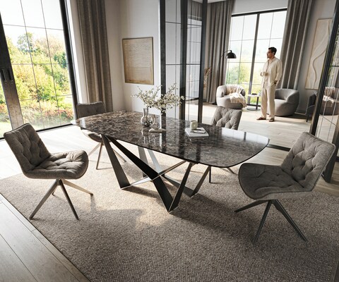 Esstisch Edge Boot 180-220x100 cm Keramik Emperador Extra Lucidato Dunkelbraun Spider Flachstahl Edelstahl Graphit ausziehbar