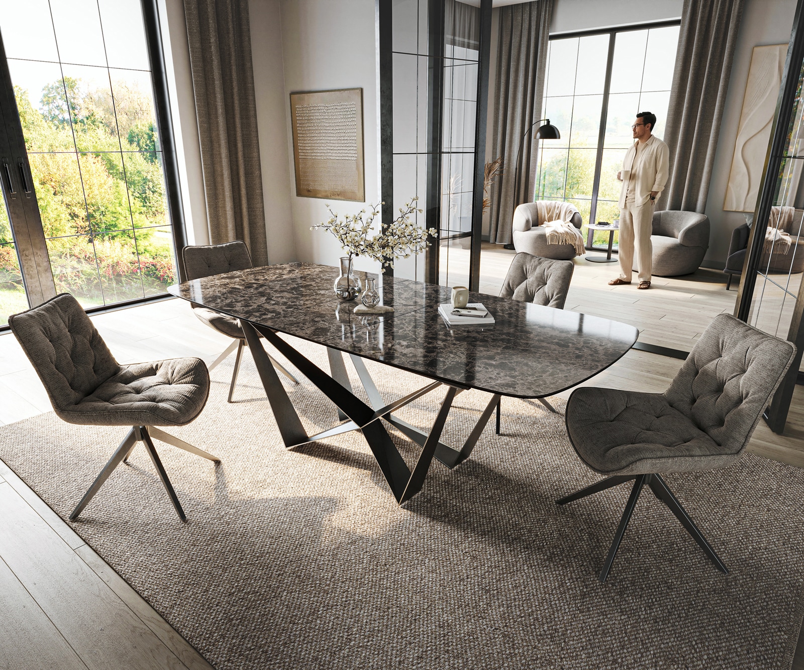 Esstisch Edge Boot 180-220x100 cm Keramik Emperador Extra Lucidato Dunkelbraun Spider Flachstahl Edelstahl Graphit ausziehbar