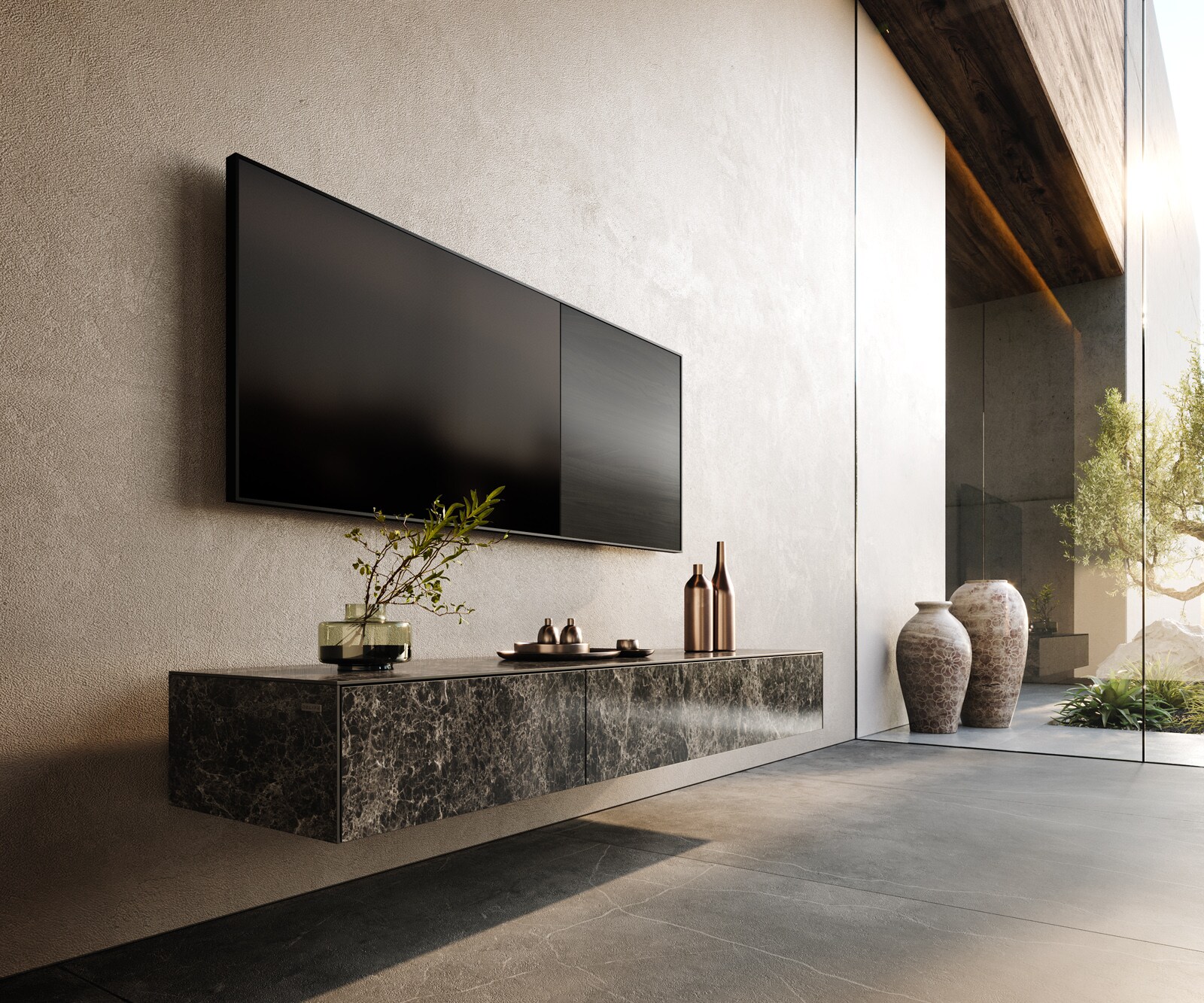 Lowboard Cuor 150 cm Keramik Laminam® Emperador Extra Lucidato Dunkelbraun 1 Klappe 1 Schubfach Schwebend
