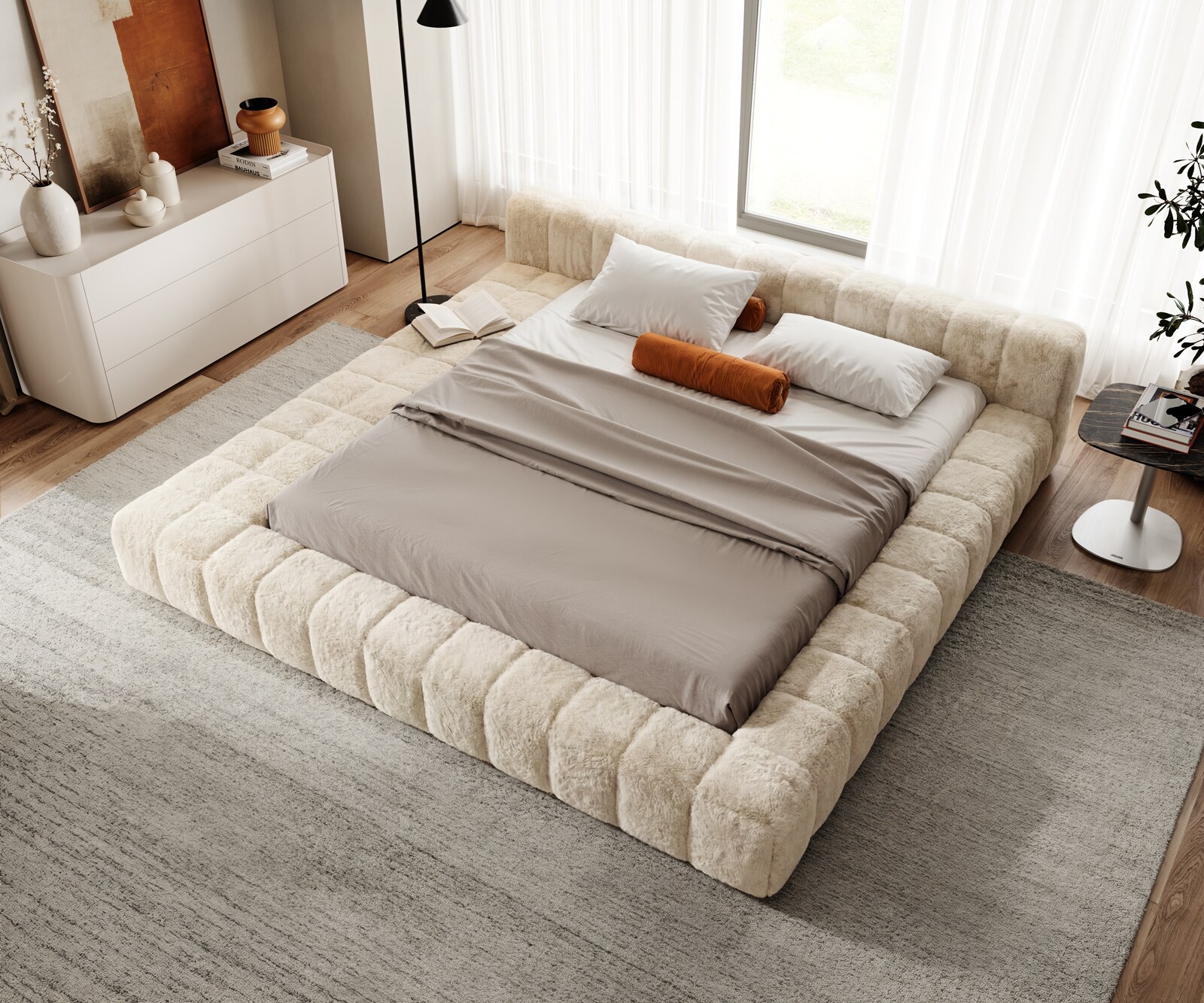 Polsterbettgestell Espazio 180x200 cm Plüsch Creme-Weiß mit Stauraum 1