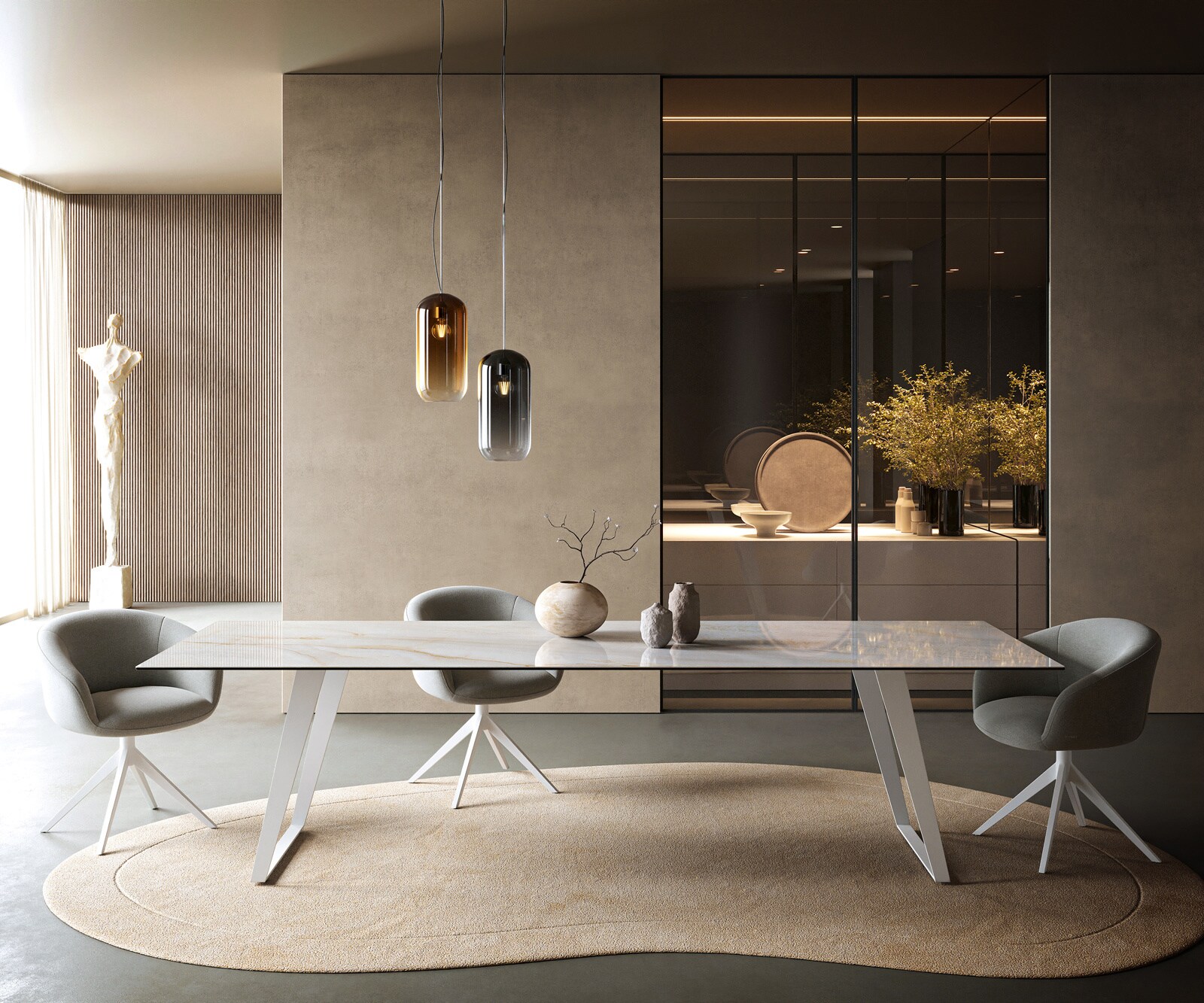 Esstisch Edge 300x100 cm Keramik Onyx Pearl Metall Schräg Weiß 1
