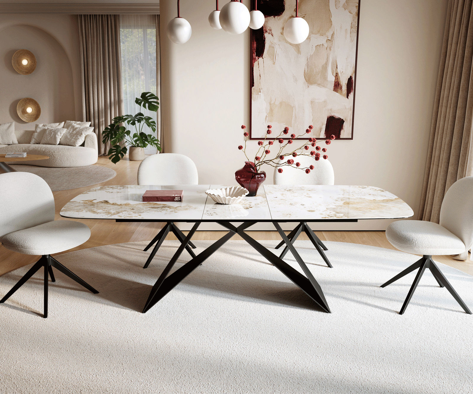 Esstisch Edge Boot 180-220x100 cm Keramik Minas Melange Weiß-Beige V-Gestell Flachstahl Schwarz ausziehbar 1