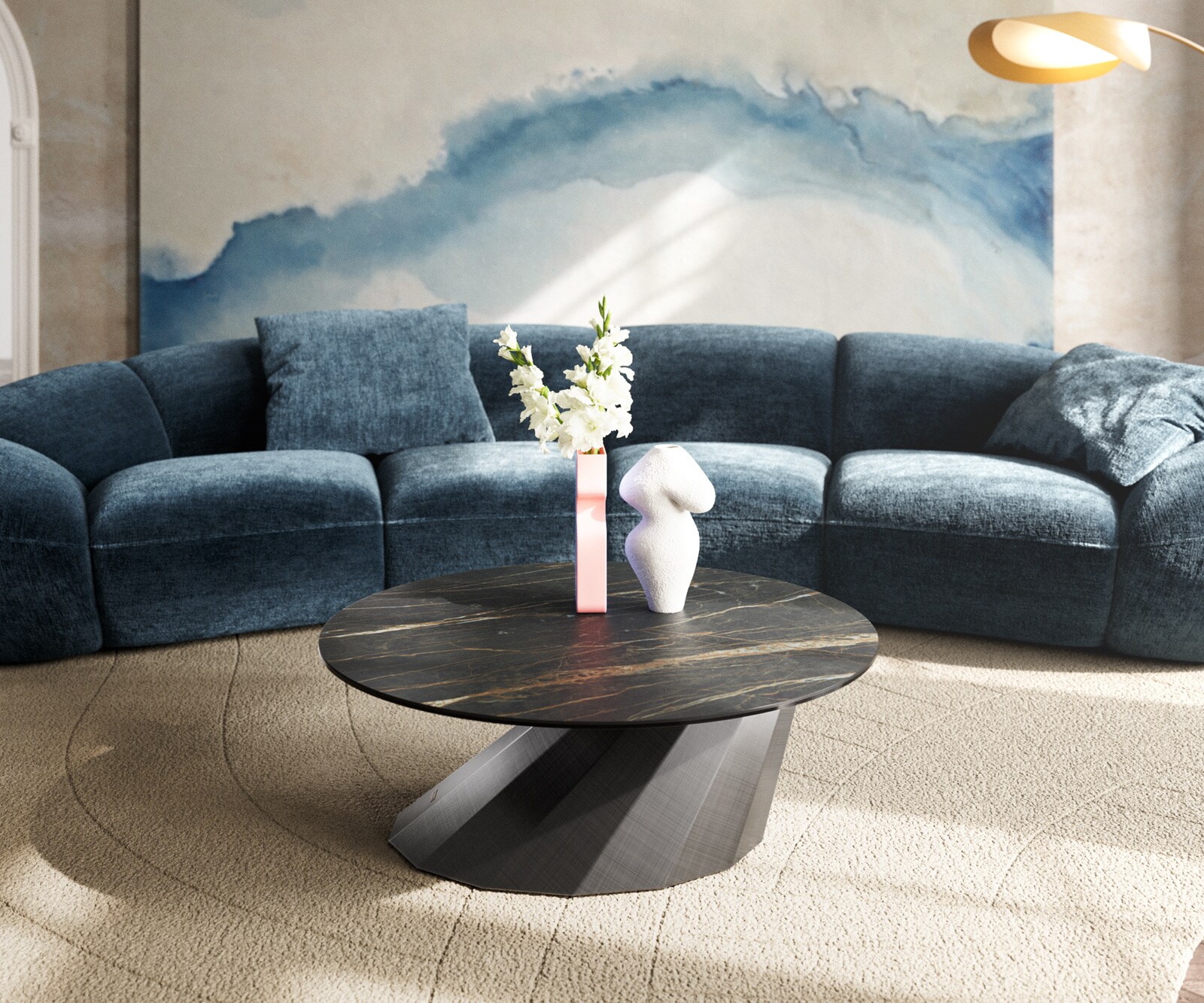 Couchtisch Edge Rund 90x90 cm Keramik Laminam® Noir Desir Braun Parabi Metallic Silber 2