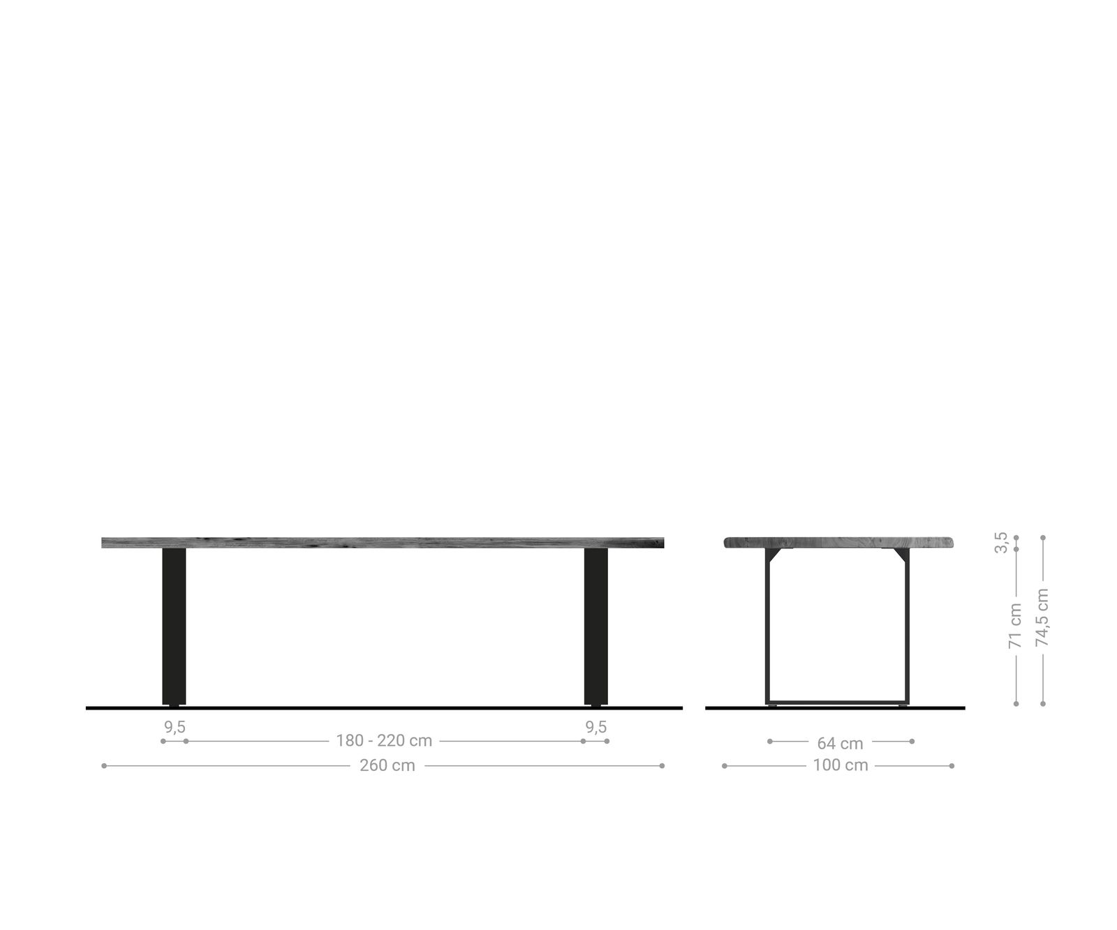 Esstisch Edge 260x100 Akazie Platin Edelstahl Schmal Live-Edge 7