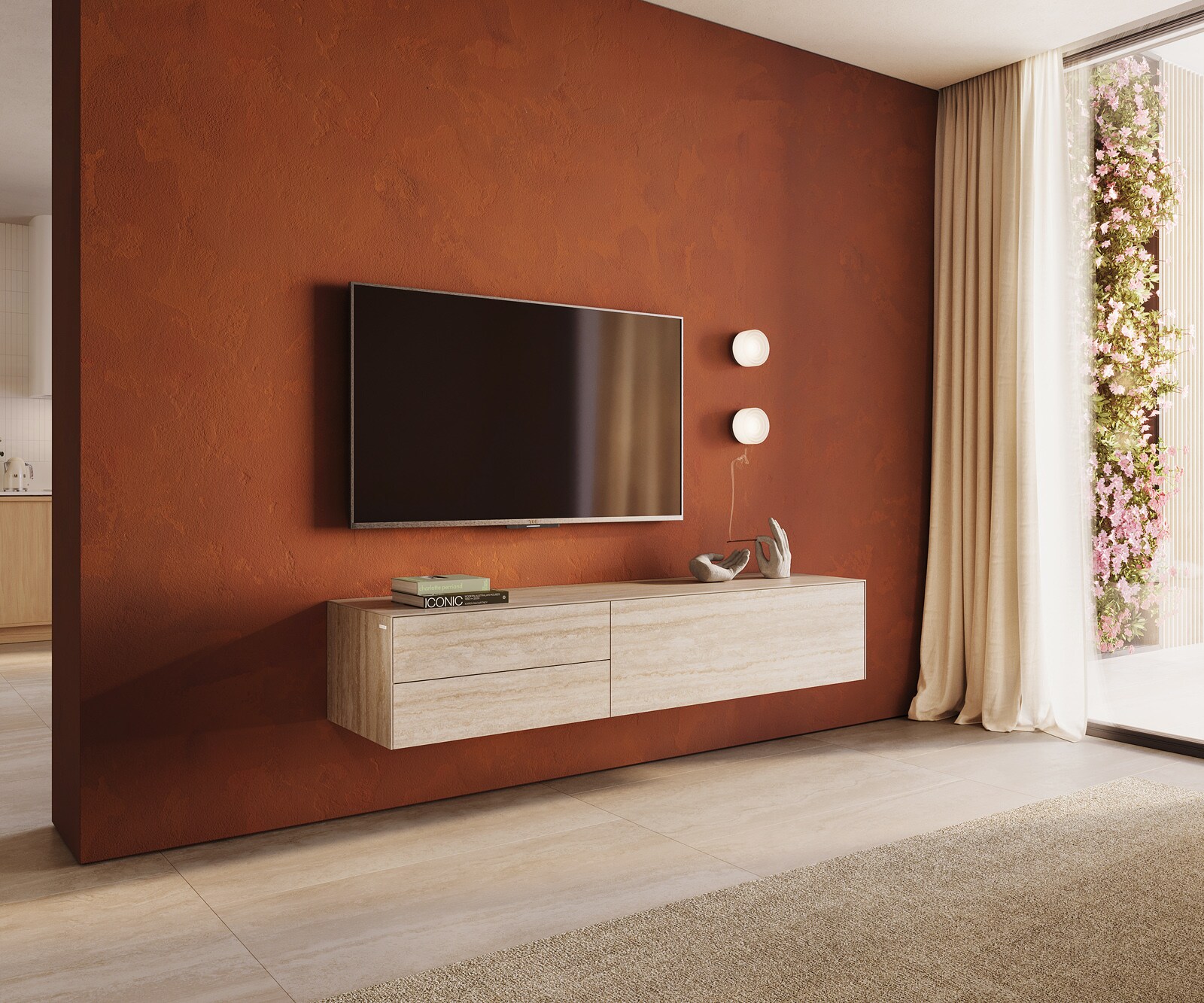 Lowboard Cuor 180 cm Keramik Laminam® Travertino Bianco Creme-Weiß 1 Klappe 2 Schubfächer Schwebend