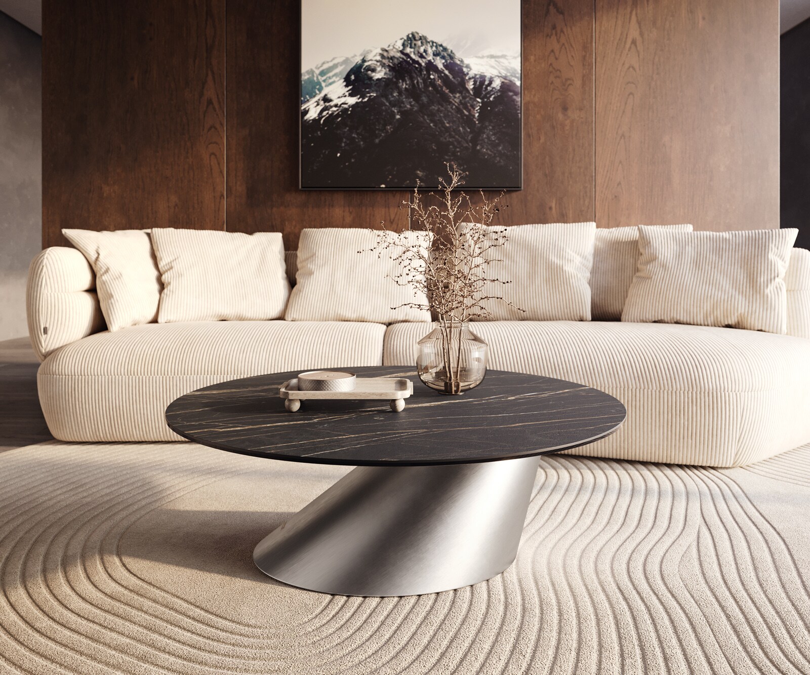 Couchtisch Edge Rund 100x100 cm Keramik Laminam® Noir Desir Braun Conis Edelstahl gebürstet 5