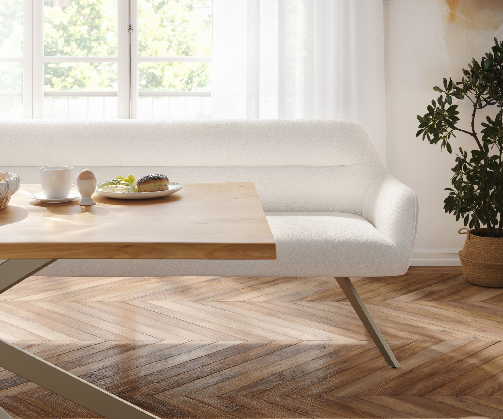 Esszimmerbank Taya-Flex 200 cm Bouclé Creme-Weiß Kreuzgestell kantig Effektfinish Titan Taschenfederkern 4