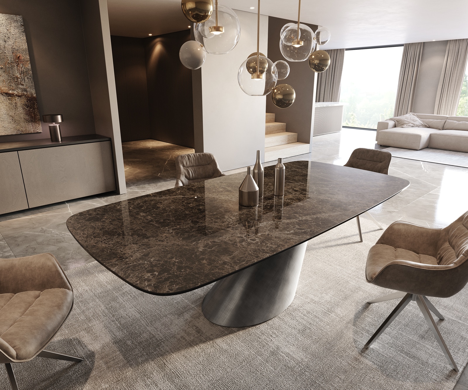 Esstisch Edge Boot 240x120 Keramik Emperador Extra Lucidato Dunkelbraun Cono Metallic Silber