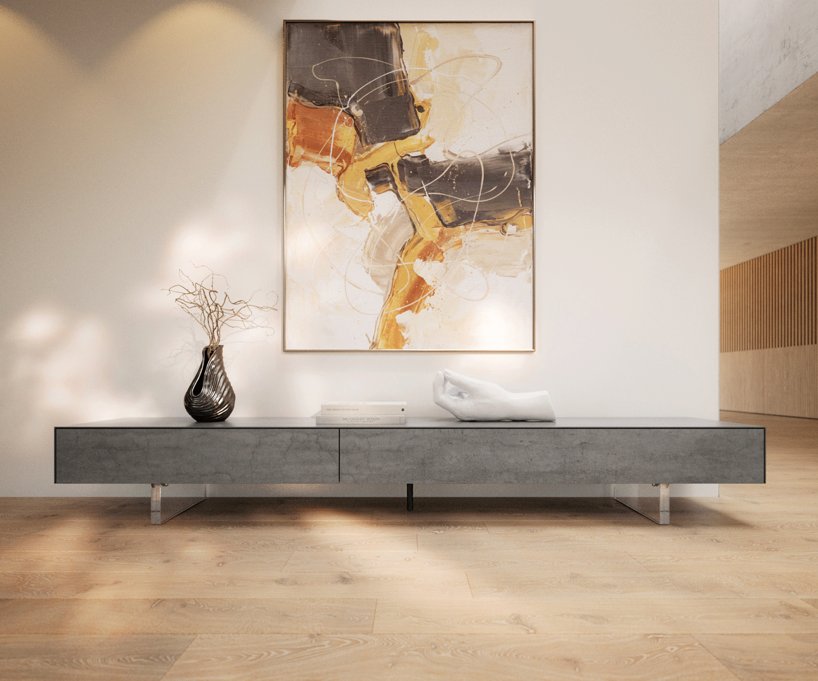 Lowboard Cuor 250 cm Keramik Beton Grau 1 Klappe 1 Schubfach Fuß Schwebeoptik Acrylglas 1