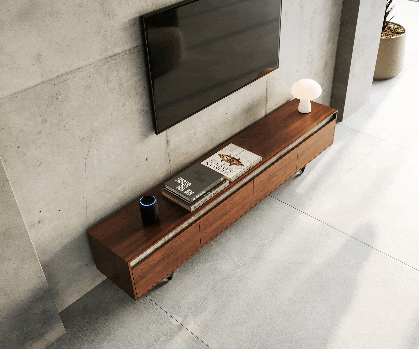 Lowboard Stonegrace 200 cm Akazie Braun Schiefer 4 Schubladen V-Fuß Schwarz 3 Lowboard Stonegrace 200 cm Akazie Braun Schiefer 4 Schubladen V-Fuß Schwarz 3