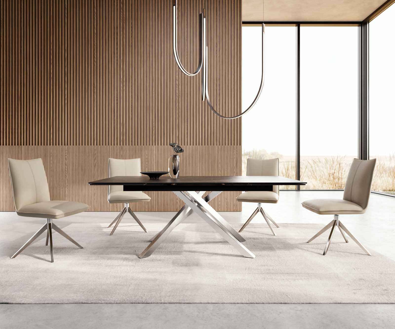 Esstisch Edge 200-300x100 Keramik Laminam®Noir Desir Braun Kreuzgestell Rechteck Edelstahl ausziehbar 4