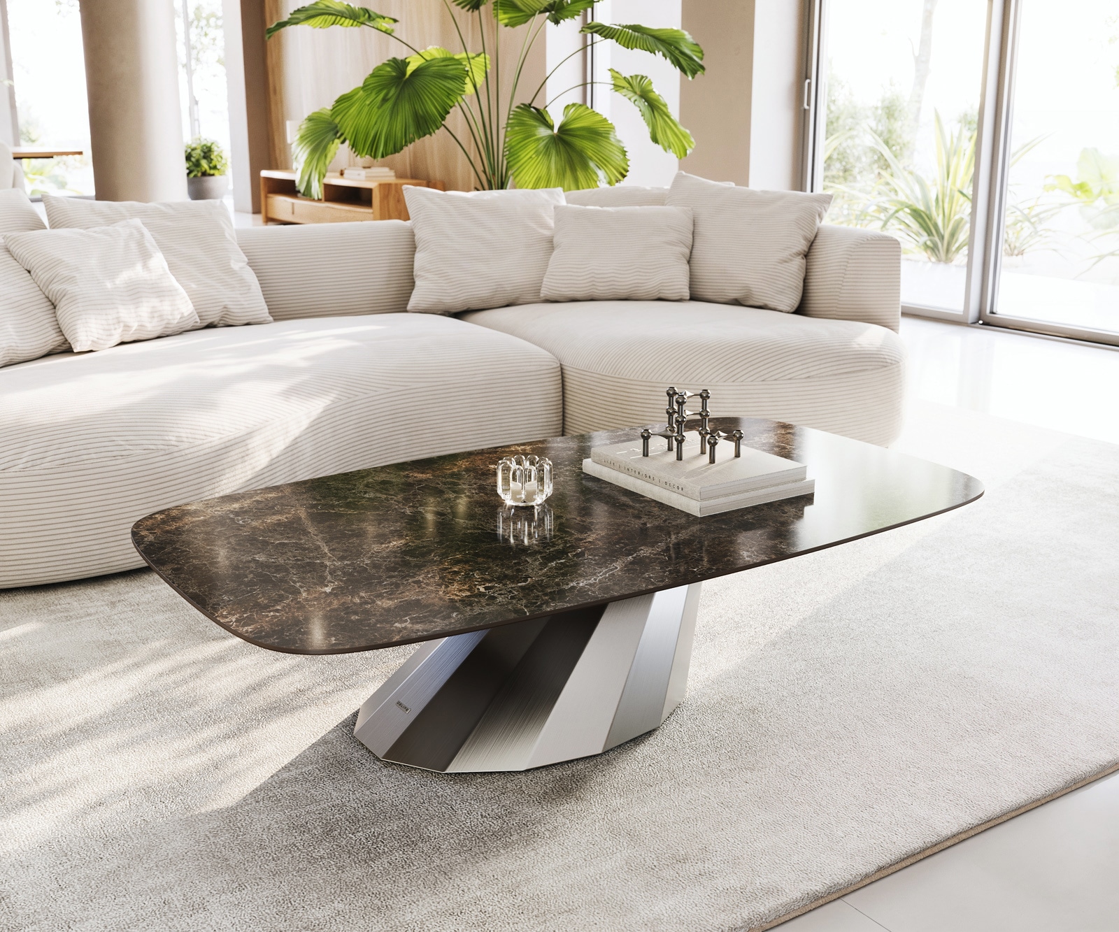 Couchtisch Edge Boot 140x80 cm Keramik Emperador Extra Lucidato Dunkelbraun Parabi Edelstahl gebürstet 1