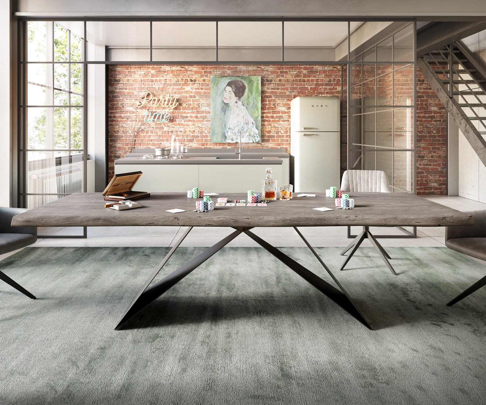 Esstisch Edge 260x100 XL Akazie Platin V-Gestell Flachstahl Schwarz Live-Edge 5