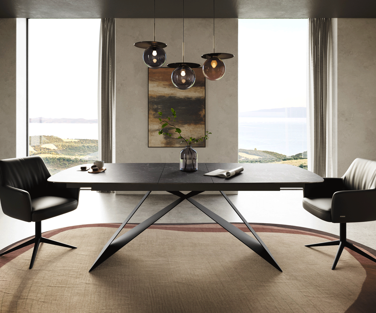 Esstisch Edge Boot 180-220x100 cm Keramik Laminam® Nero Greco Anthrazit V-Gestell Flachstahl Schwarz ausziehbar 2
