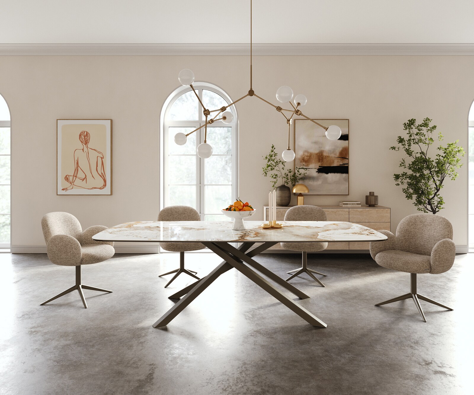 Esstisch Edge Boot 240x120 cm Keramik Minas Melange Weiß-Beige Kreuzgestell Rechteck Effektfinish Titan 2