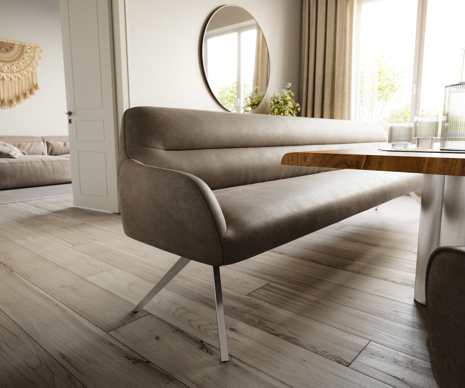 Esszimmerbank Taya-Flex 300 cm Mikrofaser Taupe Vintage Kreuzgestell kantig Edelstahl Taschenfederkern 4