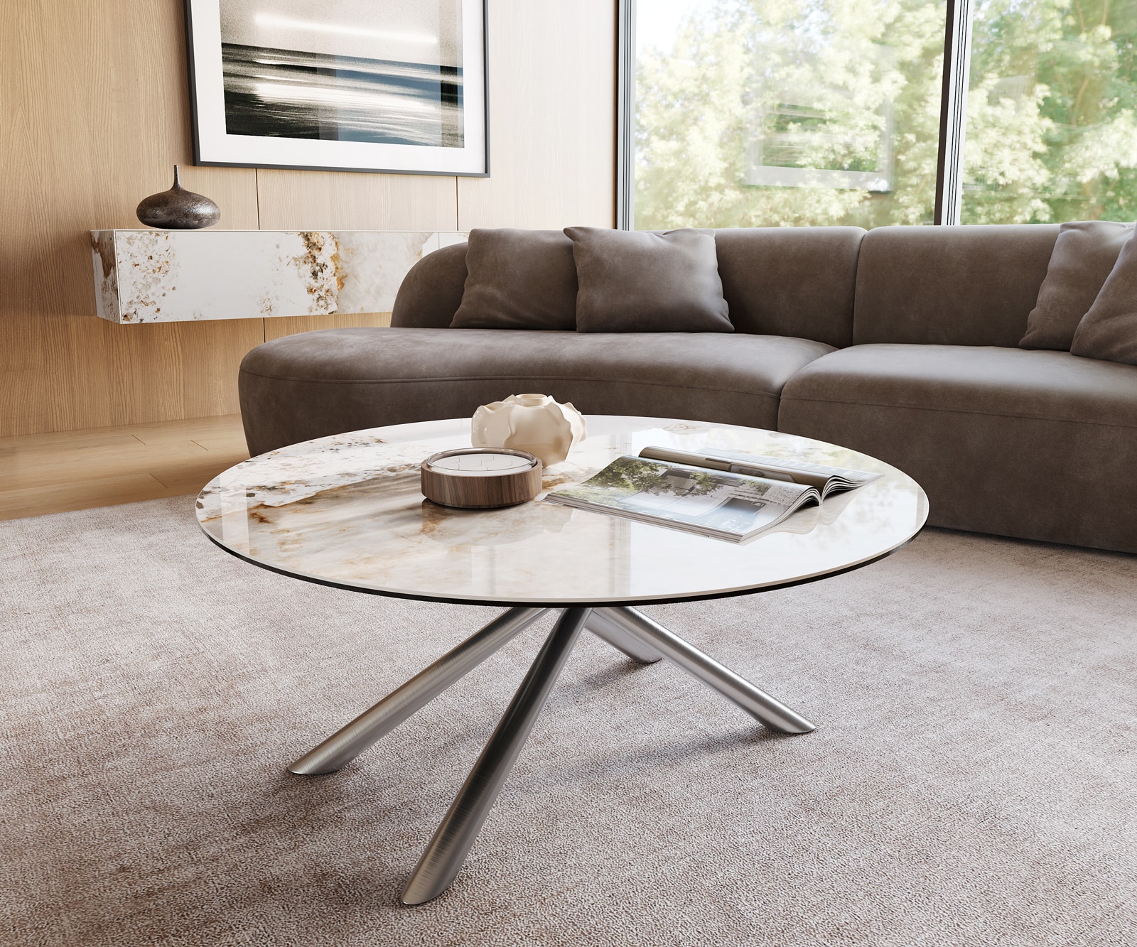Couchtisch Edge Rund 100x100 cm Keramik Minas Melange Sarity Edelstahl gebürstet