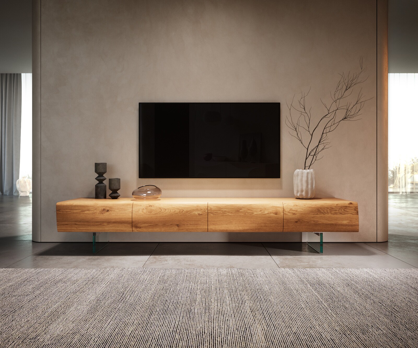 Lowboard New Live-Edge 200 cm Eiche Natur 4 Türen Glasfuß 1