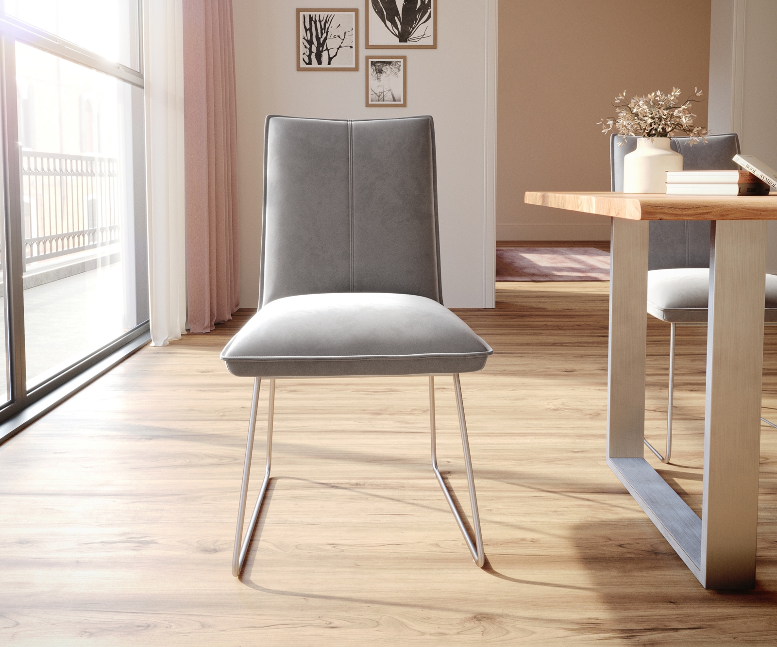 Esszimmerstuhl Lelio-Flex Samt Grau Kufengestell Edelstahl Taschenfederkern 1 Esszimmerstuhl Lelio-Flex Samt Grau Kufengestell Edelstahl Taschenfederkern 1