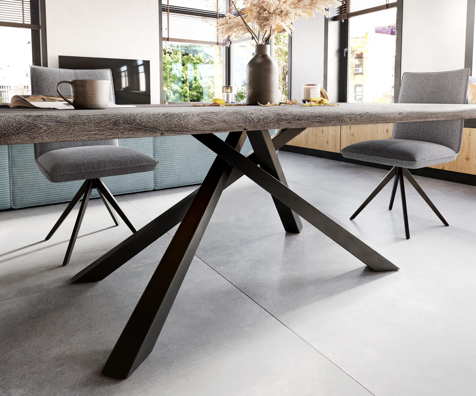 Esstisch Edge 200x100 XL Akazie Platin Kreuzgestell Rechteck Schwarz Live-Edge 4