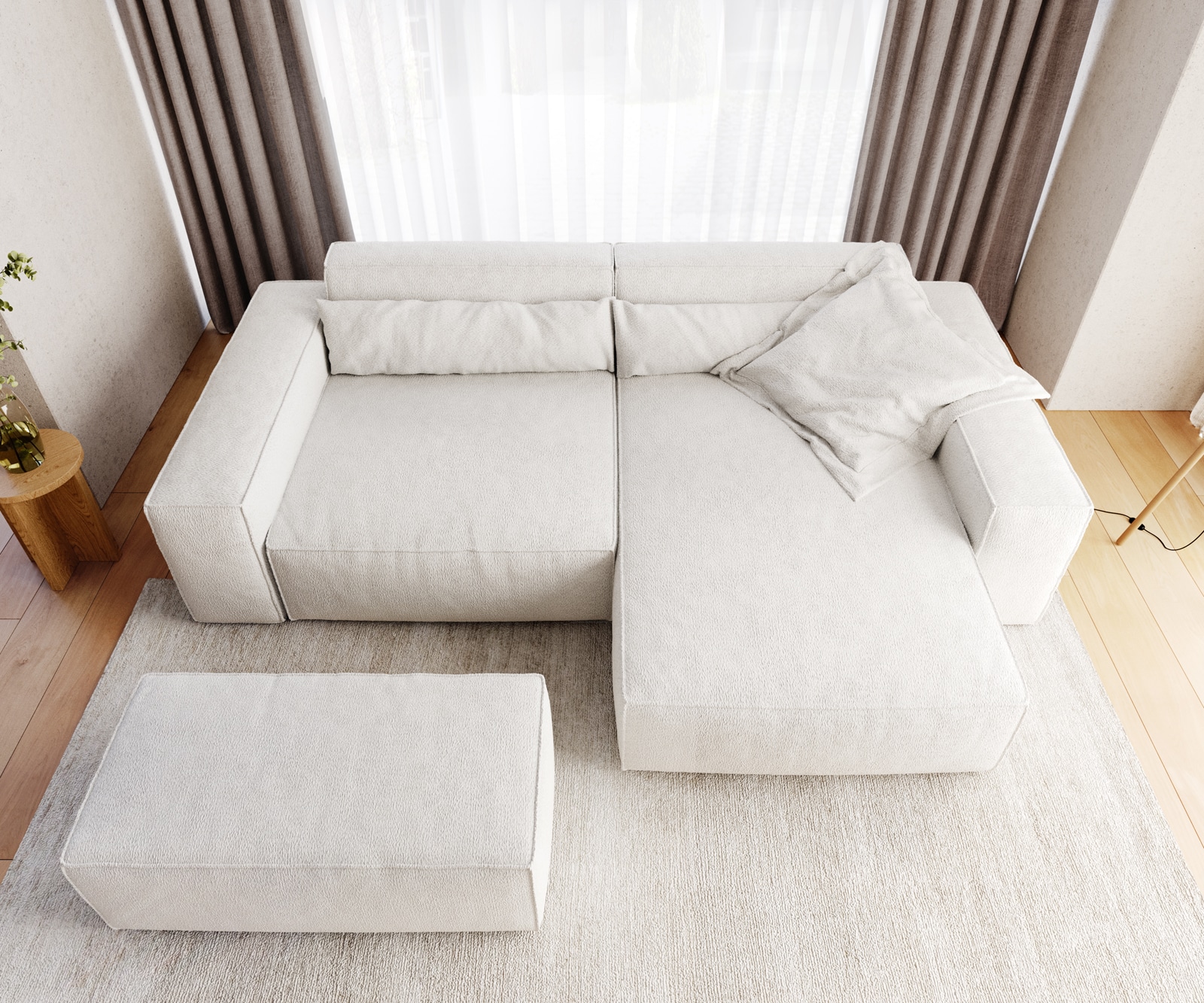 Ecksofa Sirpio XL 270x170 cm Bouclé Creme-Weiß Recamiere variabel mit Hocker 6