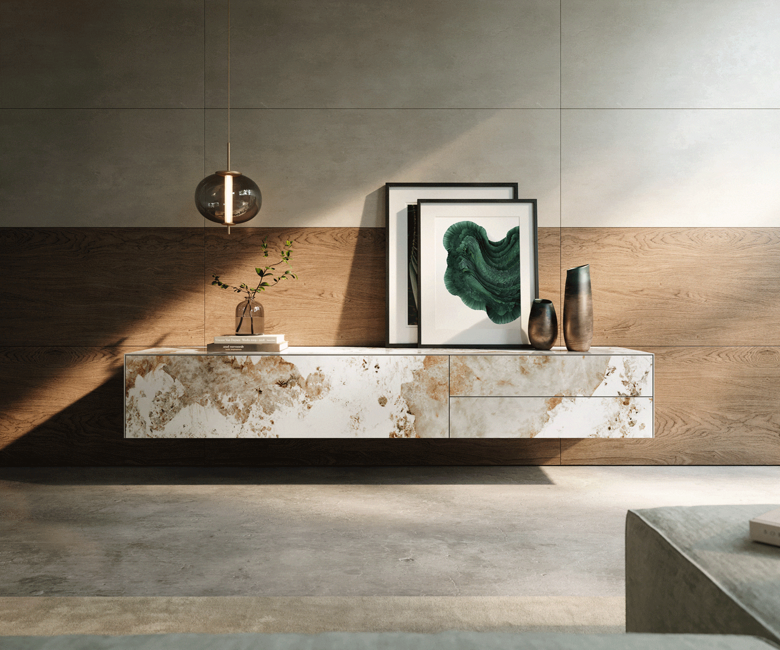 Lowboard Cuor 220 cm Keramik Minas Melange Weiß-Beige 1 Klappe 2 Schubfächer Schwebend 1 Lowboard Cuor 220 cm Keramik Minas Melange Weiß-Beige 1 Klappe 2 Schubfächer Schwebend 1