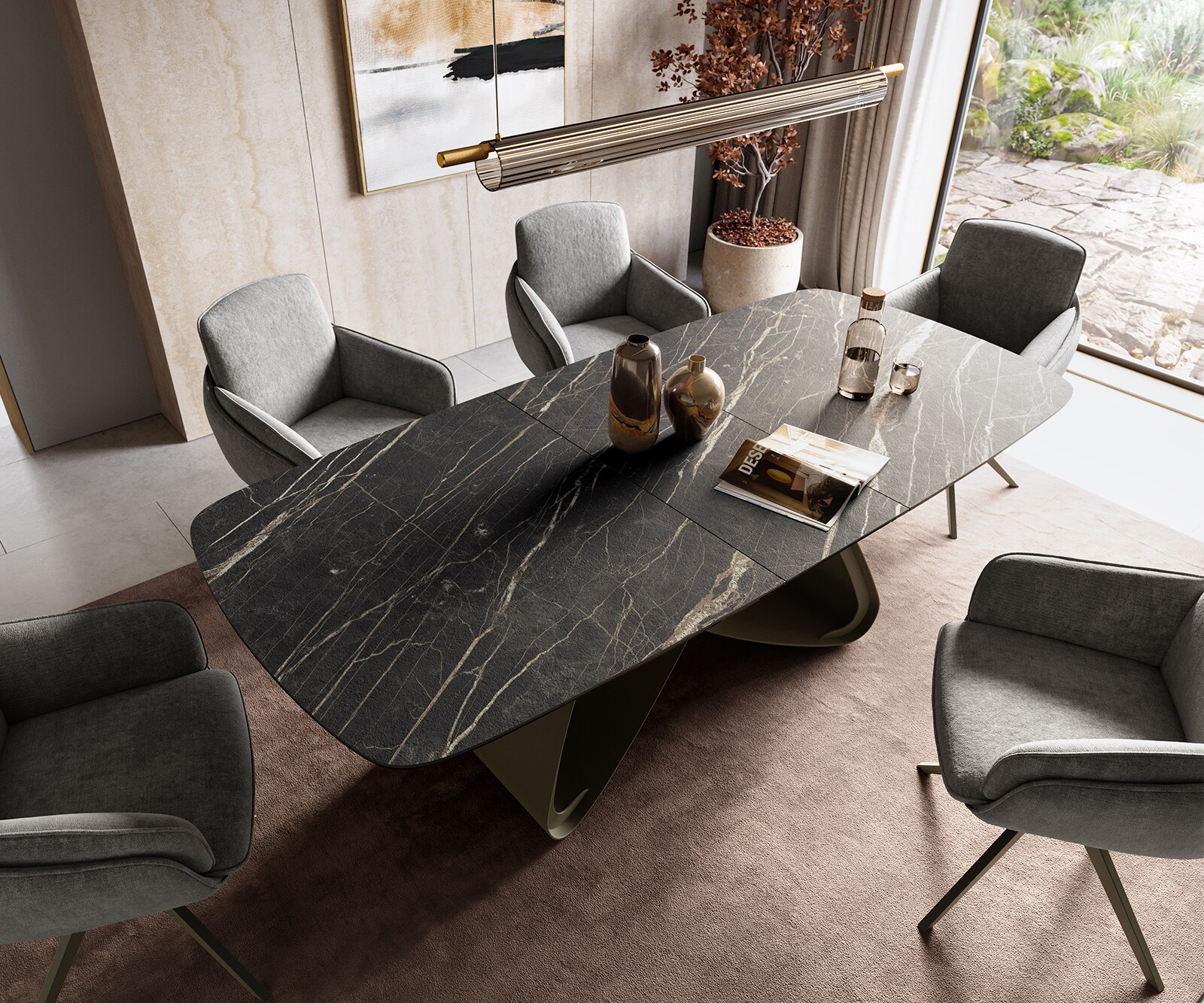 Esstisch Edge Boot 180-220x100 cm Laminam® Keramik Noir Desir Braun W-Gestell Metall Effektfinish Titan ausziehbar 4